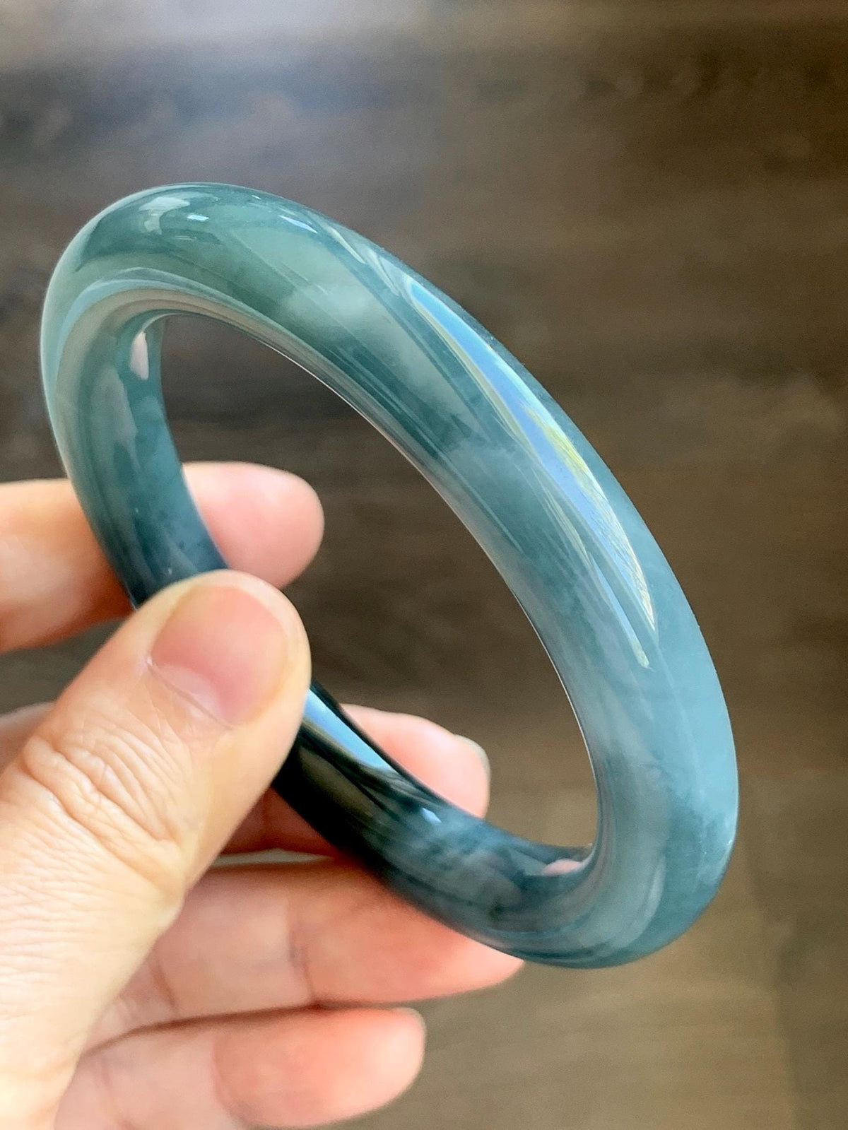 Certified Natural Grade A Guatemalan Icy Translucent Dark Dusty Blue Jade Jadeite Wide Bangle Bracelet 57.06mm 7” 60g 天然冰危暗蓝翡翠粗圆条手镯 947