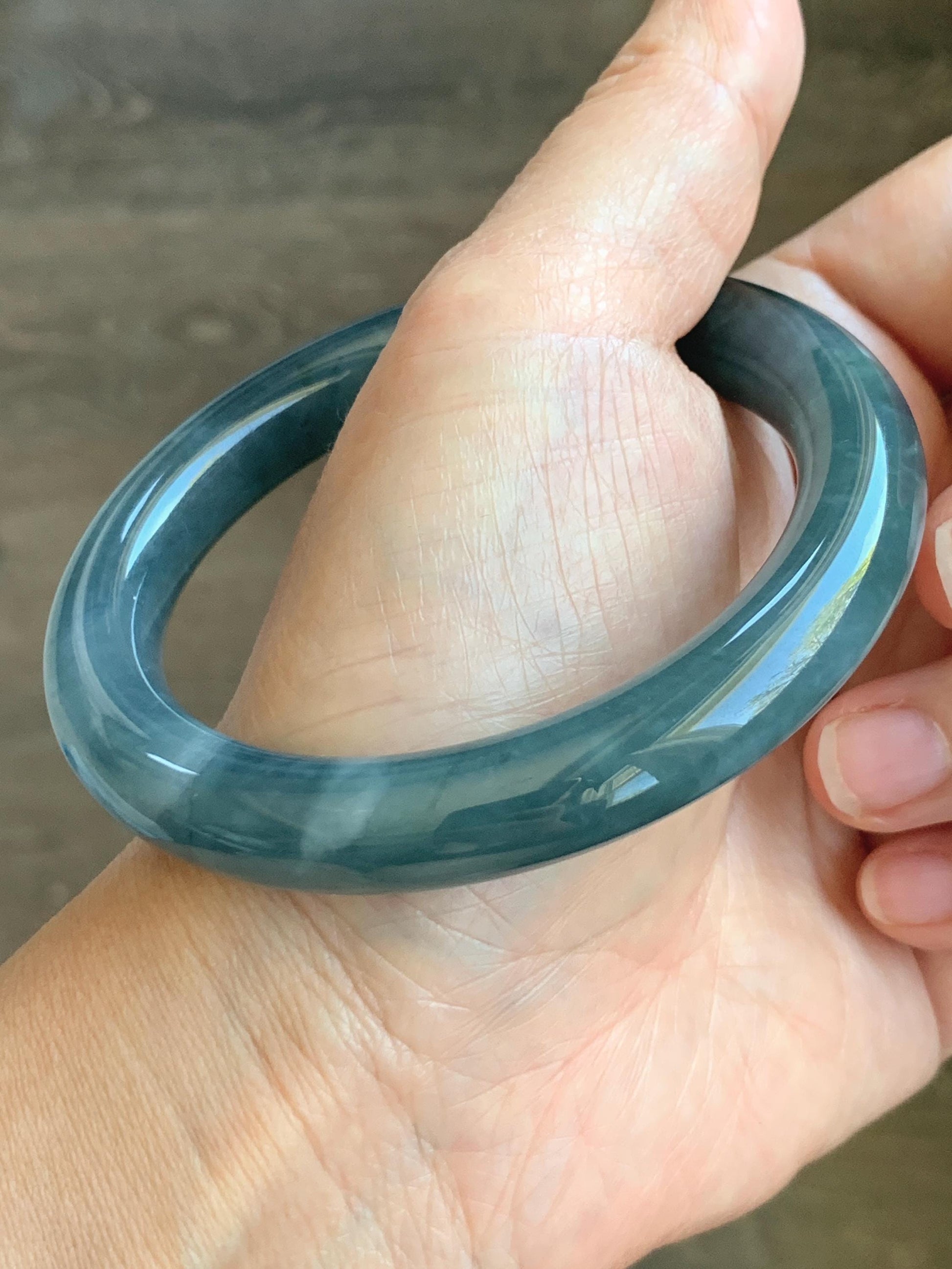 Certified Natural Grade A Guatemalan Icy Translucent Dark Dusty Blue Jade Jadeite Wide Bangle Bracelet 57.06mm 7” 60g 天然冰危暗蓝翡翠粗圆条手镯 947