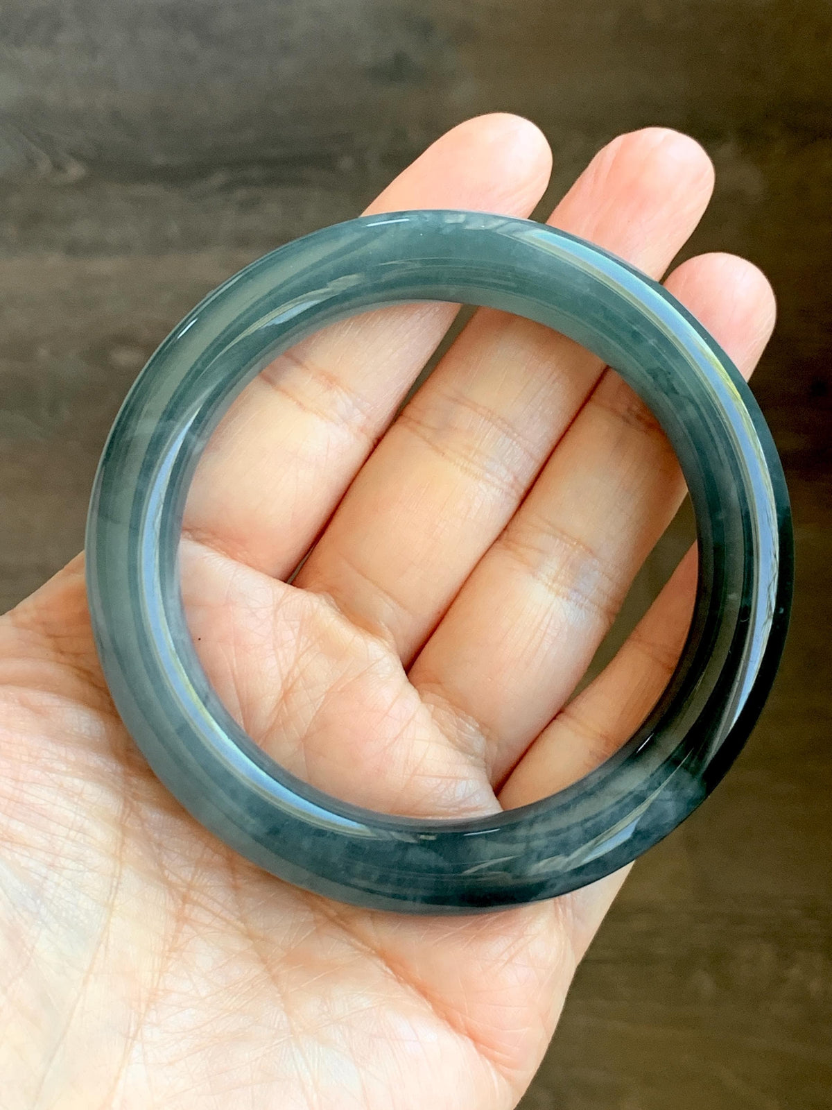 Certified Natural Grade A Guatemalan Icy Translucent Dark Dusty Blue Jade Jadeite Wide Bangle Bracelet 57.06mm 7” 60g 天然冰危暗蓝翡翠粗圆条手镯 947