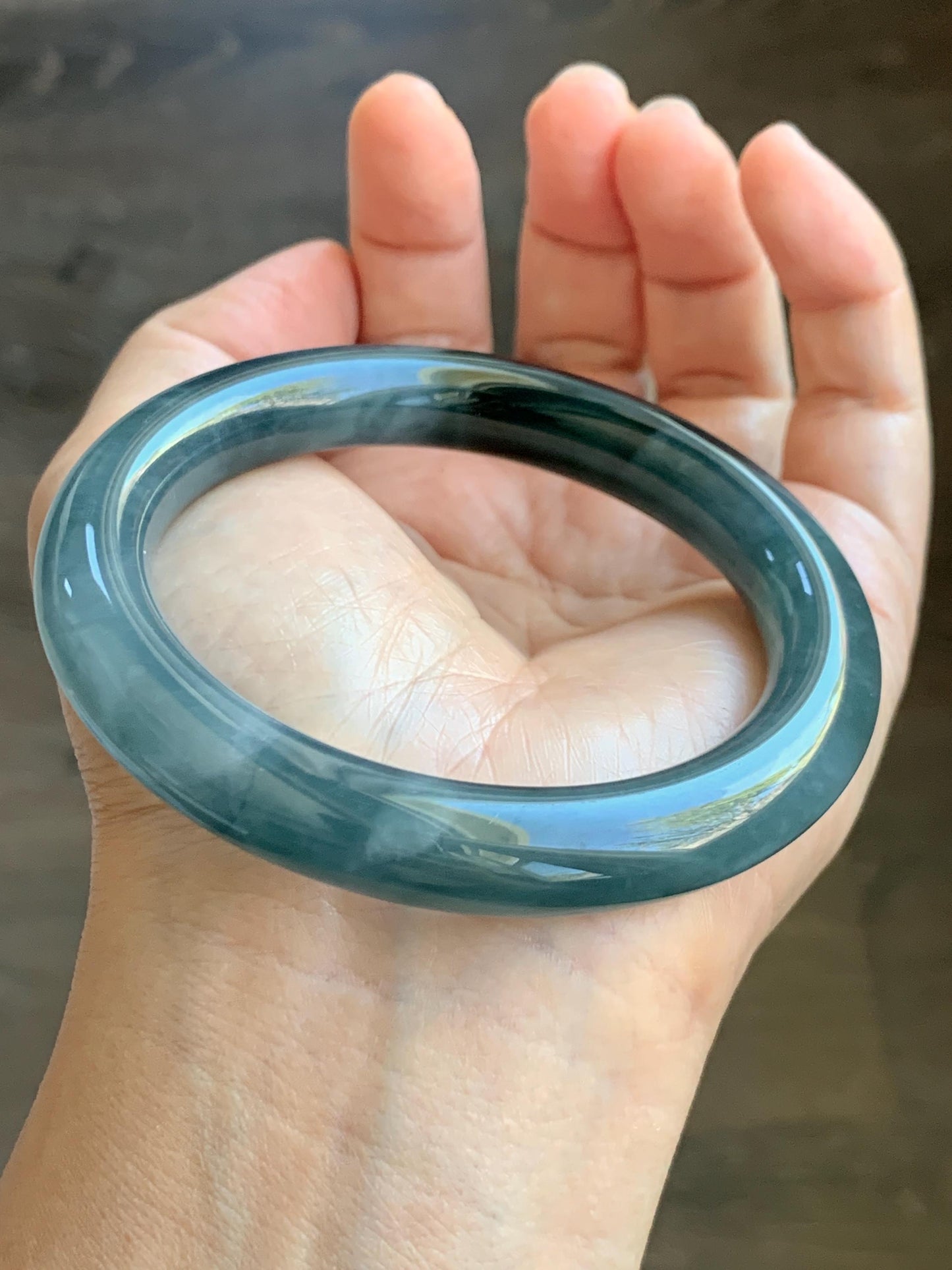 Certified Natural Grade A Guatemalan Icy Translucent Dark Dusty Blue Jade Jadeite Wide Bangle Bracelet 57.06mm 7” 60g 天然冰危暗蓝翡翠粗圆条手镯 947