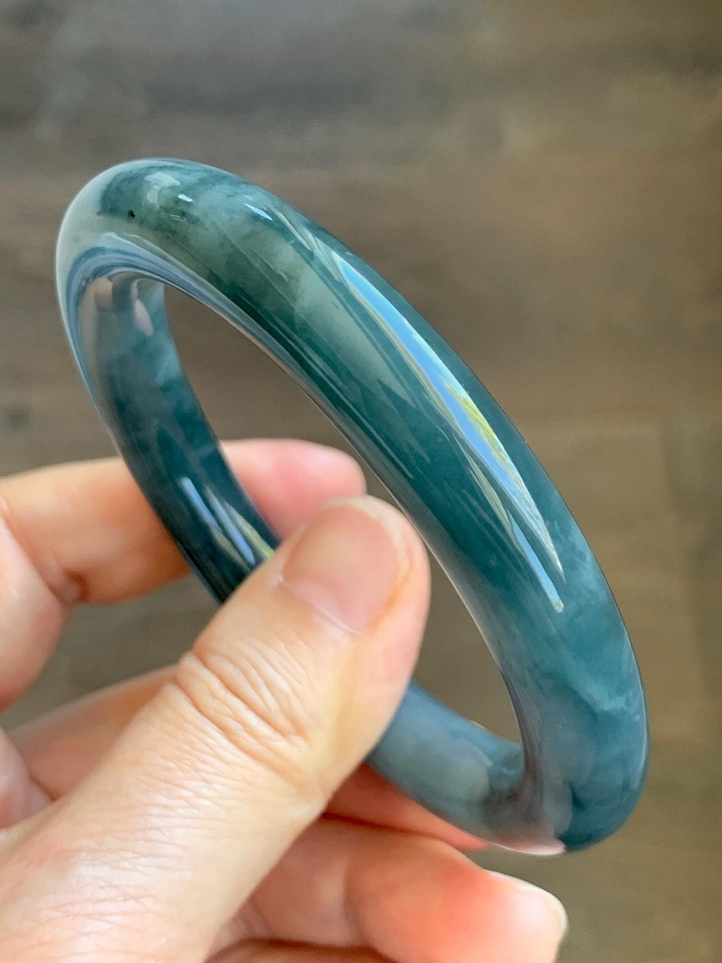 Certified Natural Grade A Guatemalan Icy Translucent Dark Dusty Blue Jade Jadeite Wide Bangle Bracelet 56mm 6.93” 59g 天然冰危暗蓝翡翠粗圆条手镯 948