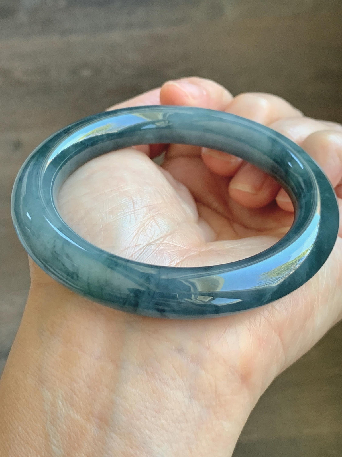 Certified Natural Grade A Guatemalan Icy Translucent Dark Dusty Blue Jade Jadeite Wide Bangle Bracelet 56mm 6.93” 59g 天然冰危暗蓝翡翠粗圆条手镯 948