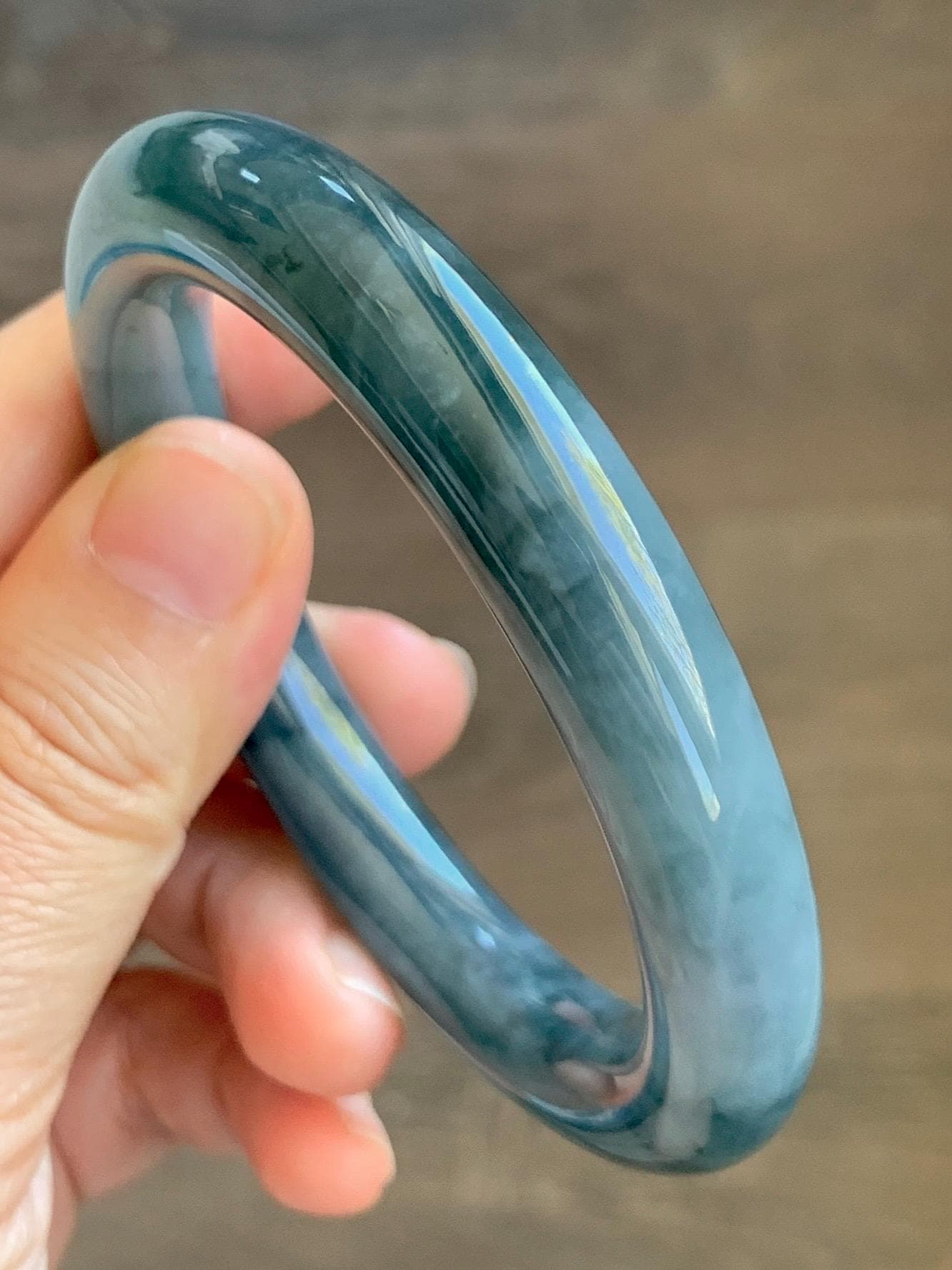 Certified Natural Grade A Guatemalan Icy Translucent Dark Dusty Blue Jade Jadeite Wide Bangle Bracelet 56mm 6.93” 59g 天然冰危暗蓝翡翠粗圆条手镯 948