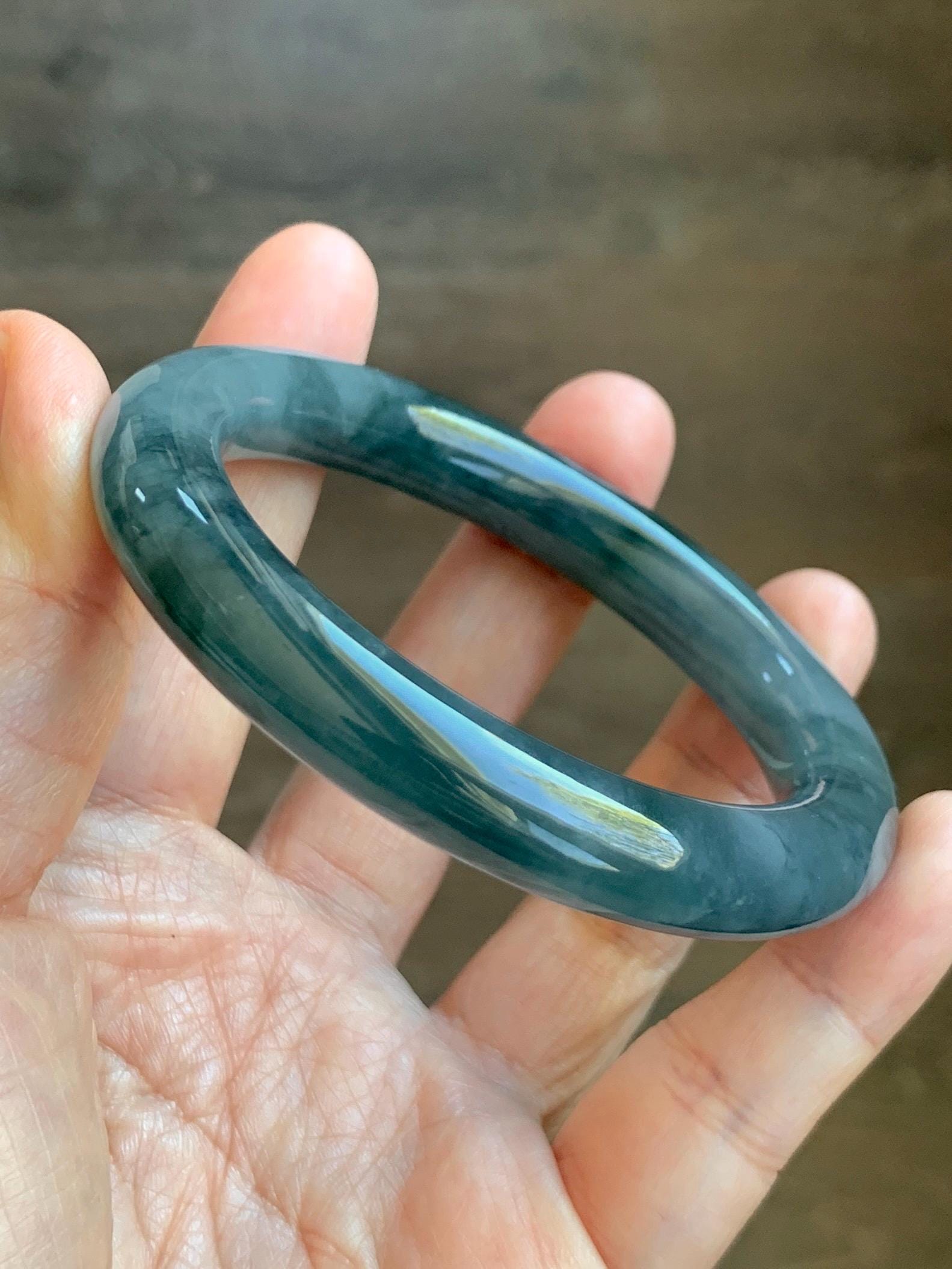 Certified Natural Grade A Guatemalan Icy Translucent Dark Dusty Blue Jade Jadeite Wide Bangle Bracelet 56mm 6.93” 59g 天然冰危暗蓝翡翠粗圆条手镯 948
