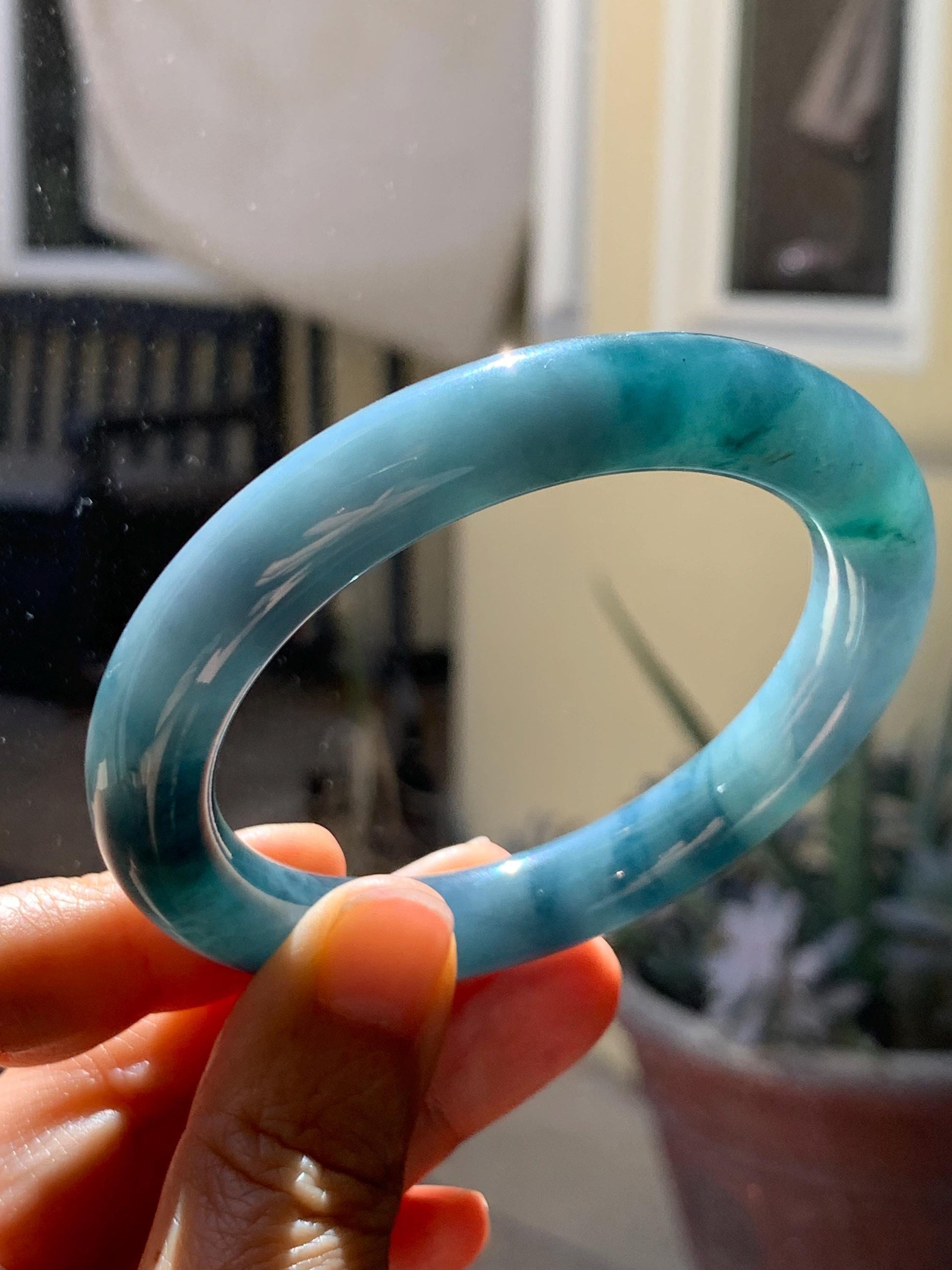 Certified Natural Grade A Guatemalan Icy Translucent Dark Dusty Blue Jade Jadeite Wide Bangle Bracelet 56mm 6.93” 59g 天然冰危暗蓝翡翠粗圆条手镯 948