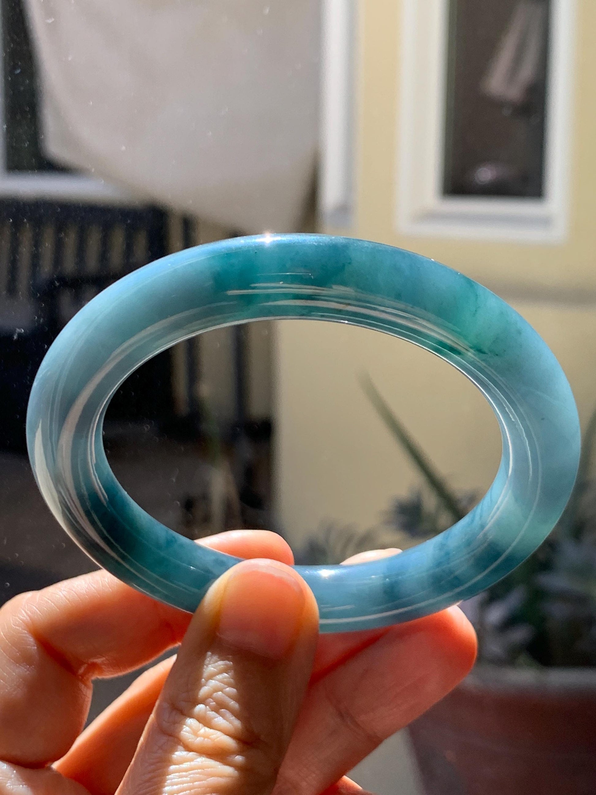 Certified Natural Grade A Guatemalan Icy Translucent Dark Dusty Blue Jade Jadeite Wide Bangle Bracelet 56mm 6.93” 59g 天然冰危暗蓝翡翠粗圆条手镯 948