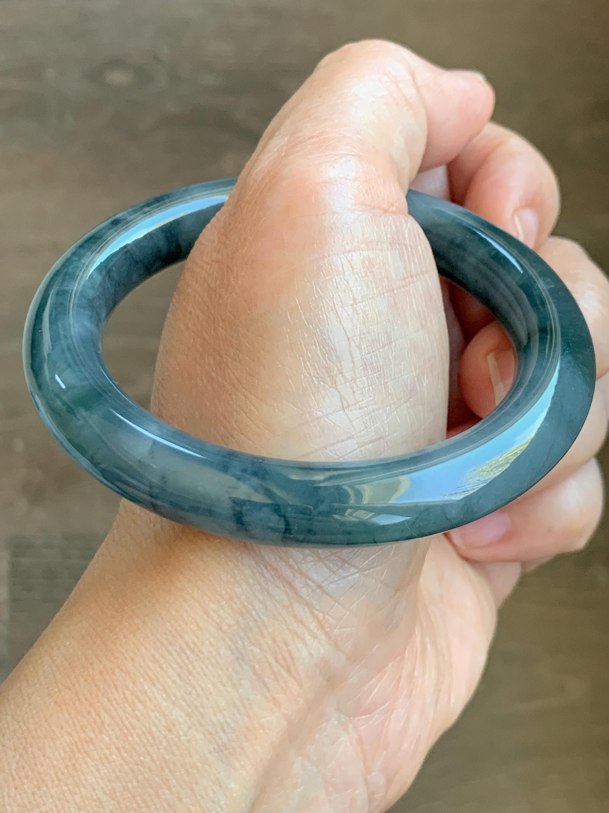 Certified Natural Grade A Guatemalan Icy Translucent Dark Dusty Blue Jade Jadeite Wide Bangle Bracelet 56mm 6.93” 59g 天然冰危暗蓝翡翠粗圆条手镯 948