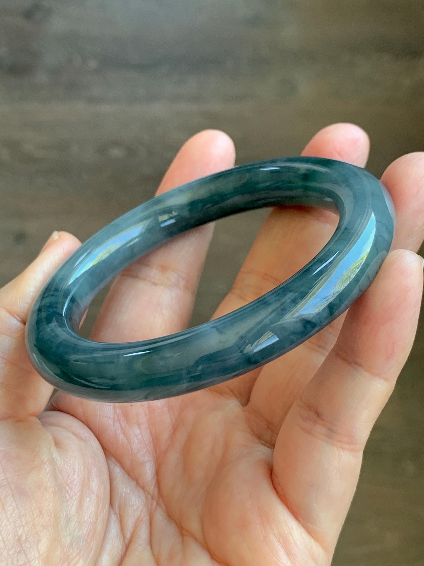Certified Natural Grade A Guatemalan Icy Translucent Dark Dusty Blue Jade Jadeite Wide Bangle Bracelet 56mm 6.93” 59g 天然冰危暗蓝翡翠粗圆条手镯 948