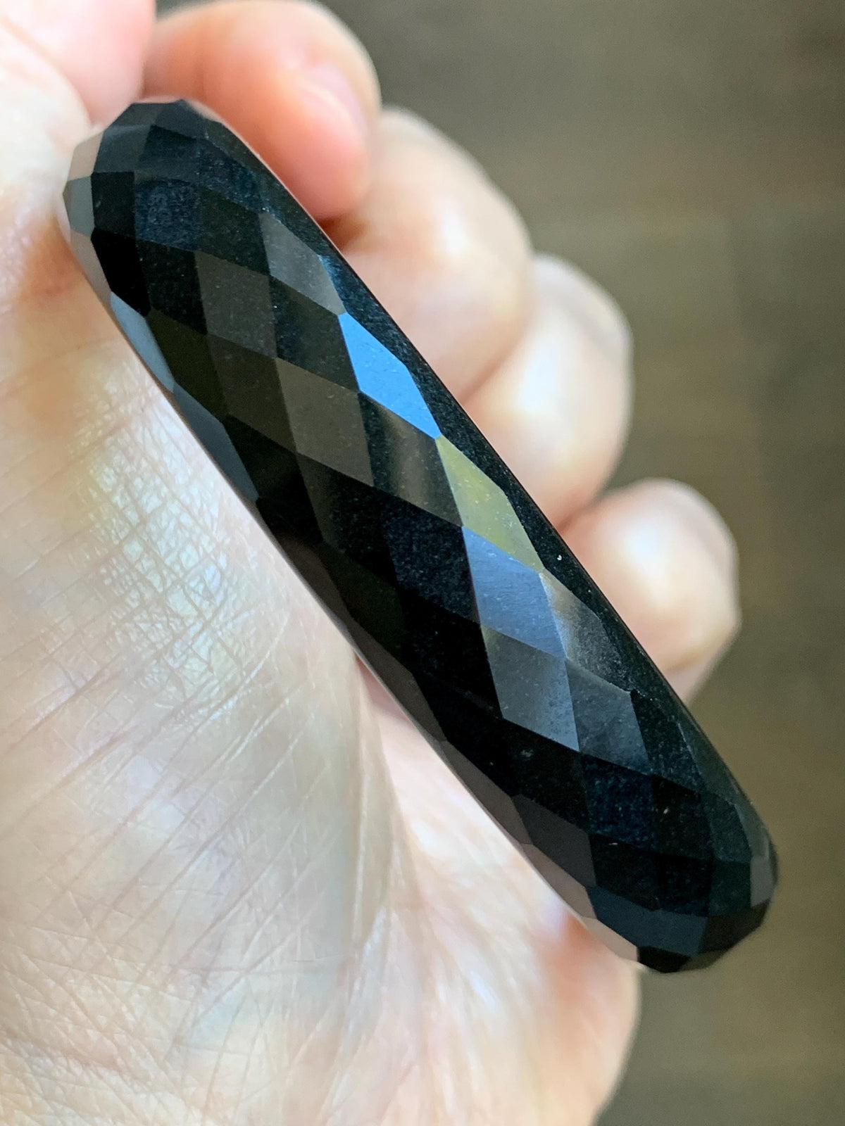 Certified Natural Grade A Opaque Black Jade Jadeite Diamond Faceted Wide Bangle 59.26mm 7.33” 61g 天然墨翠宽版切割面手镯 943