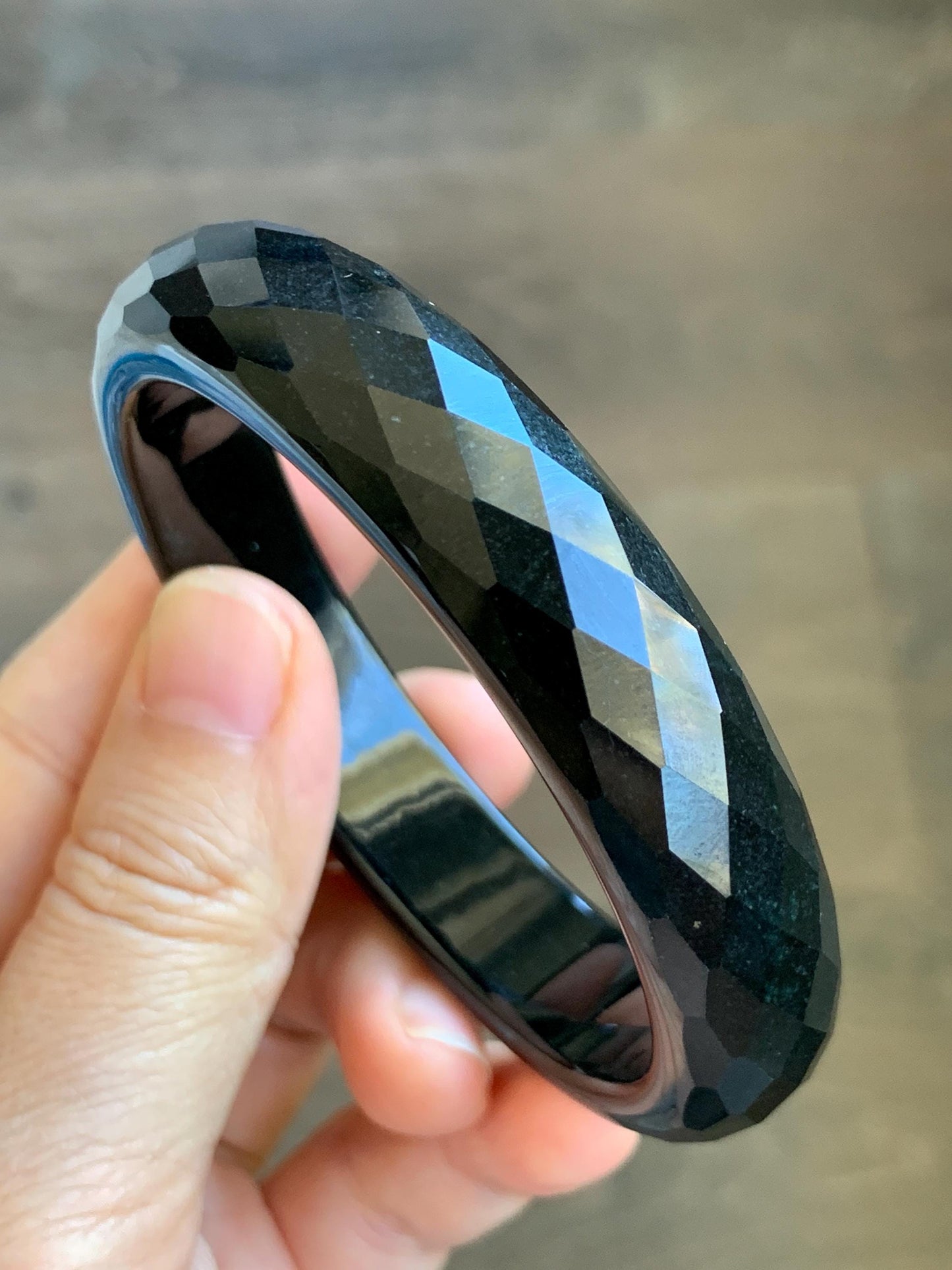 Certified Natural Grade A Opaque Black Jade Jadeite Diamond Faceted Wide Bangle 59.26mm 7.33” 61g 天然墨翠宽版切割面手镯 943