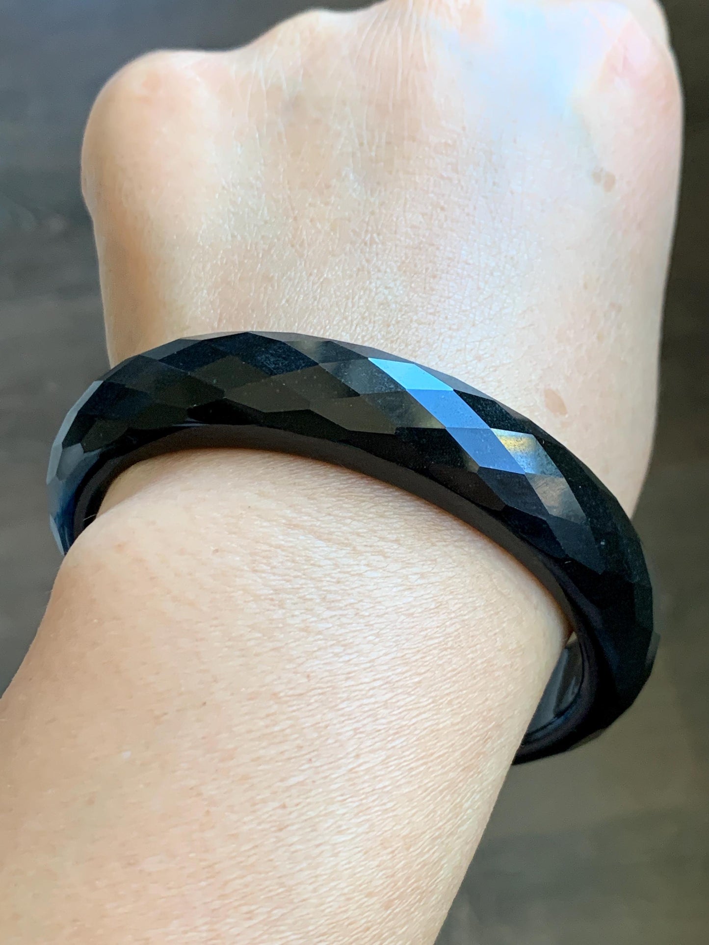 Certified Natural Grade A Opaque Black Jade Jadeite Diamond Faceted Wide Bangle 59.26mm 7.33” 61g 天然墨翠宽版切割面手镯 943