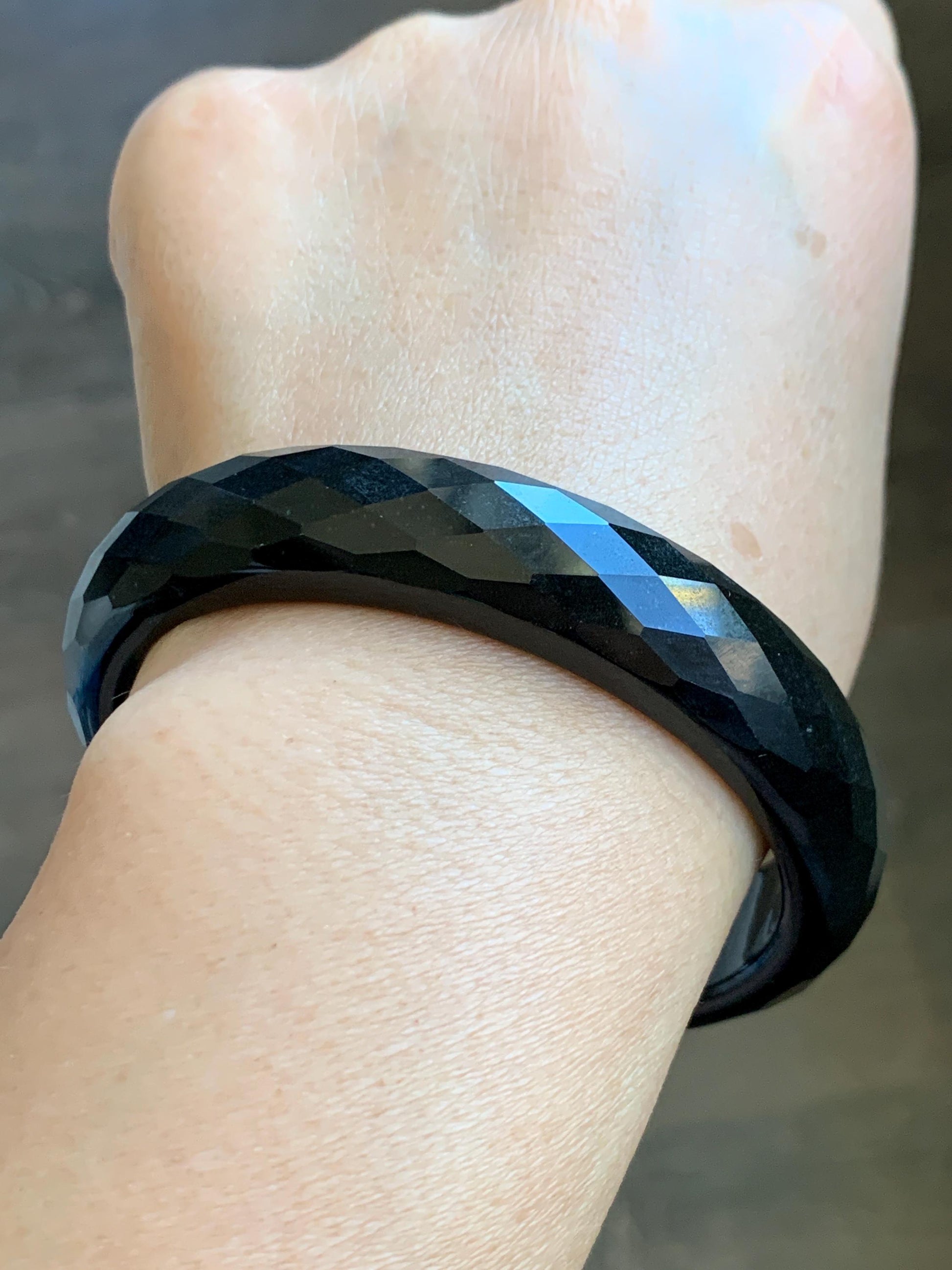 Certified Natural Grade A Opaque Black Jade Jadeite Diamond Faceted Wide Bangle 59.26mm 7.33” 61g 天然墨翠宽版切割面手镯 943