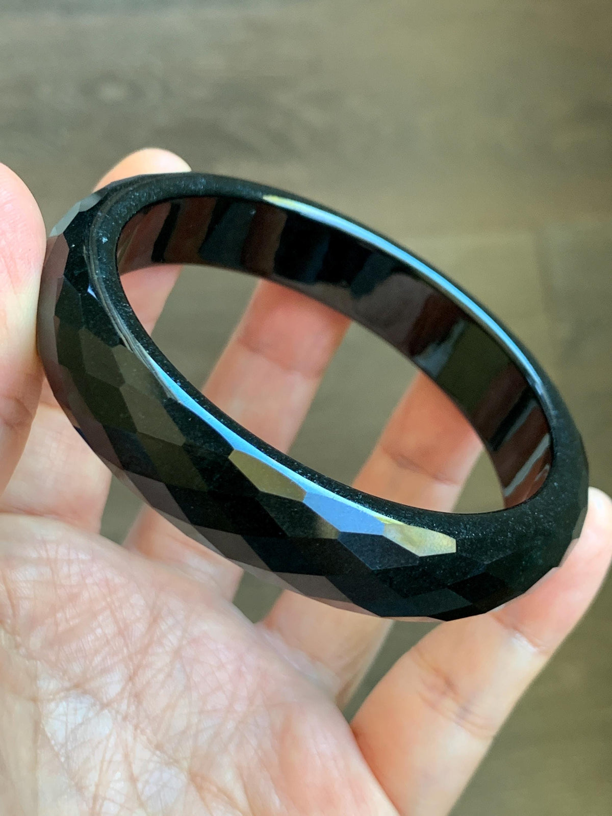 Certified Natural Grade A Opaque Black Jade Jadeite Diamond Faceted Wide Bangle 59.26mm 7.33” 61g 天然墨翠宽版切割面手镯 943