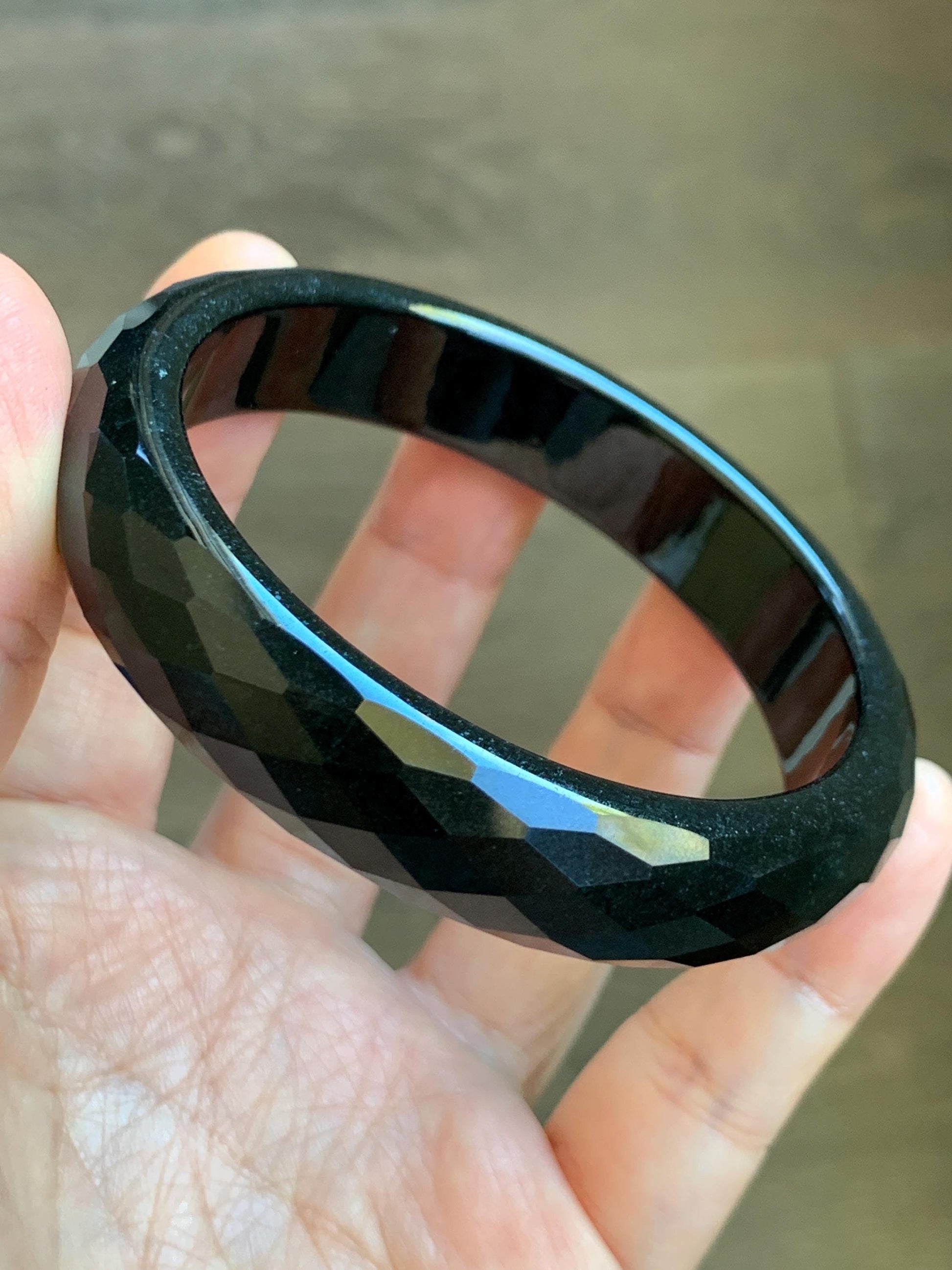 Certified Natural Grade A Opaque Black Jade Jadeite Diamond Faceted Wide Bangle 59.26mm 7.33” 61g 天然墨翠宽版切割面手镯 943