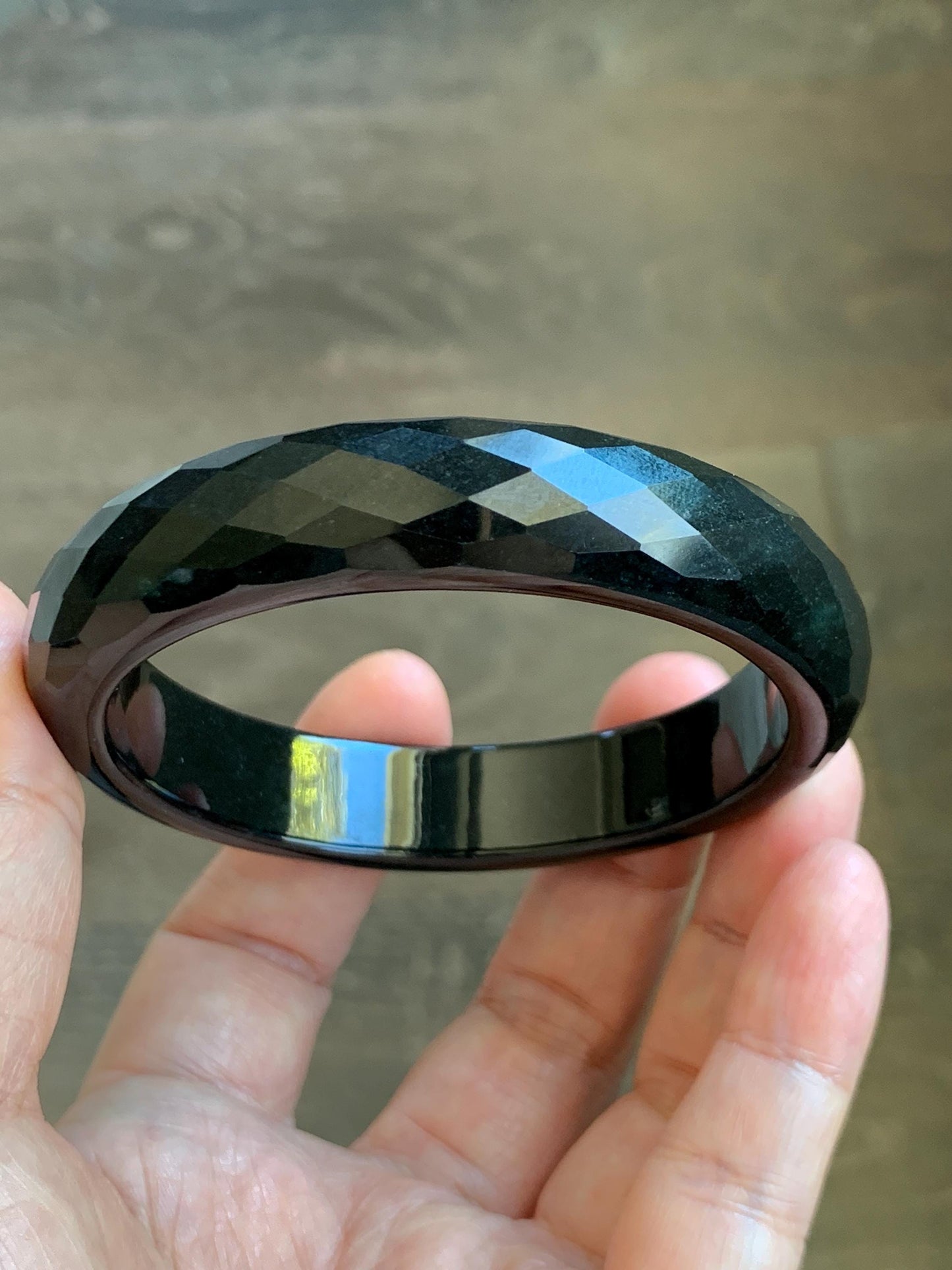 Certified Natural Grade A Opaque Black Jade Jadeite Diamond Faceted Wide Bangle 59.26mm 7.33” 61g 天然墨翠宽版切割面手镯 943