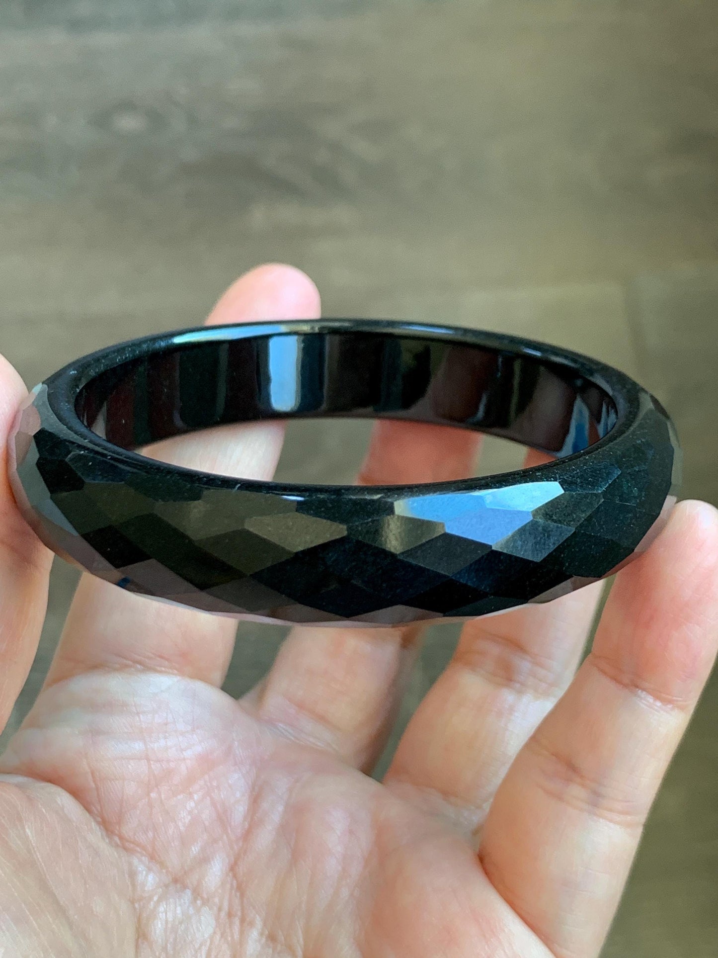 Certified Natural Grade A Opaque Black Jade Jadeite Diamond Faceted Wide Bangle 59.26mm 7.33” 61g 天然墨翠宽版切割面手镯 943