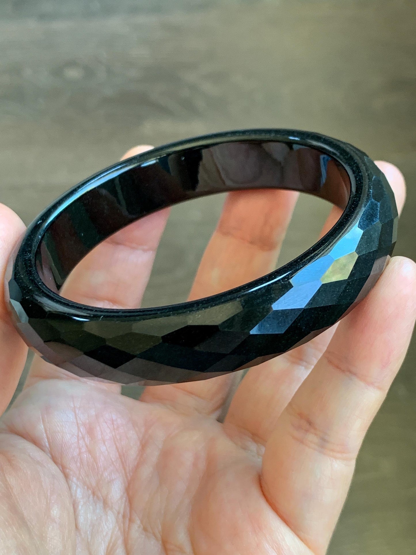 Certified Natural Grade A Opaque Black Jade Jadeite Diamond Faceted Wide Bangle 59.26mm 7.33” 61g 天然墨翠宽版切割面手镯 943