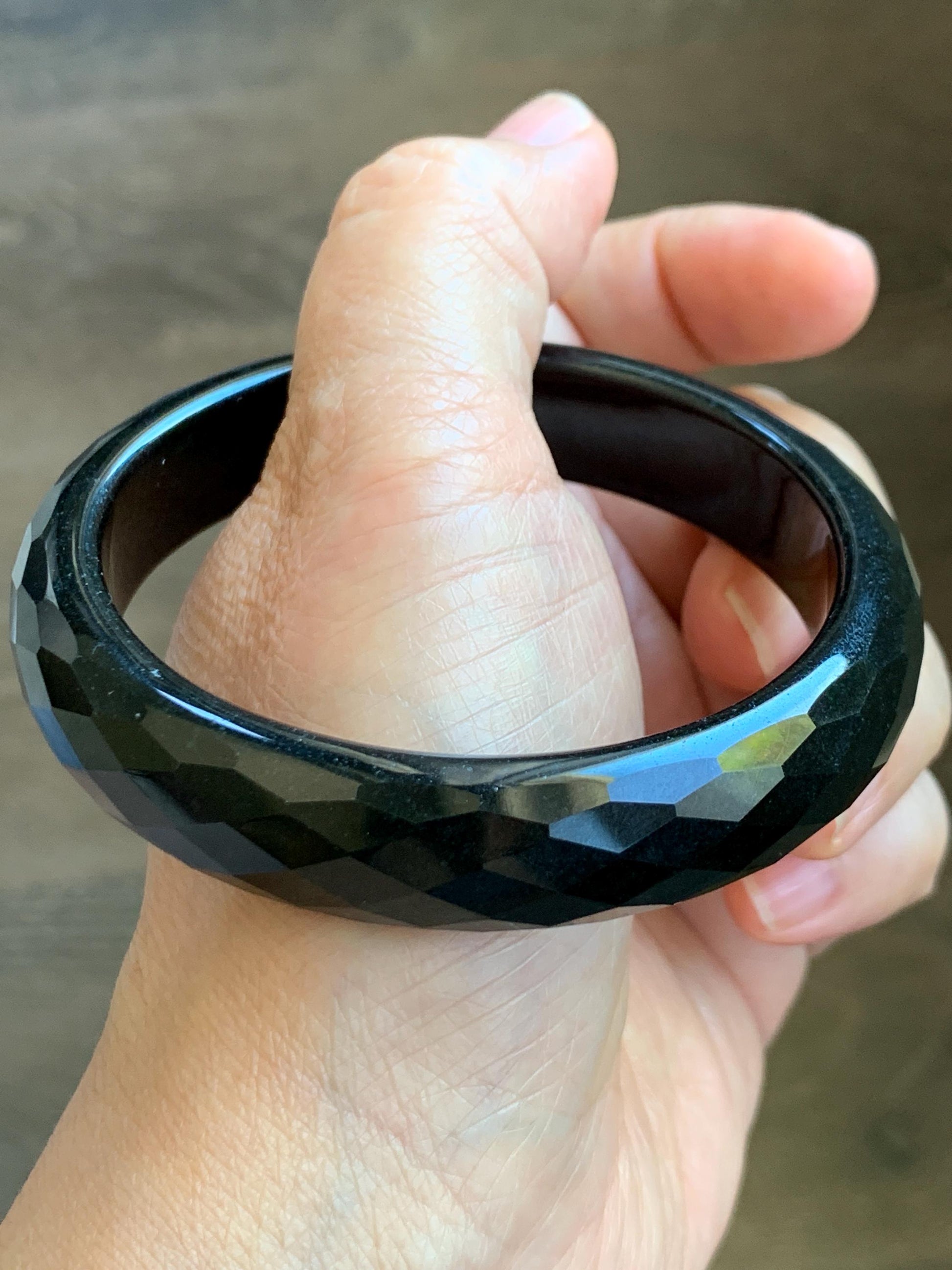 Certified Natural Grade A Opaque Black Jade Jadeite Diamond Faceted Wide Bangle 59.26mm 7.33” 61g 天然墨翠宽版切割面手镯 943