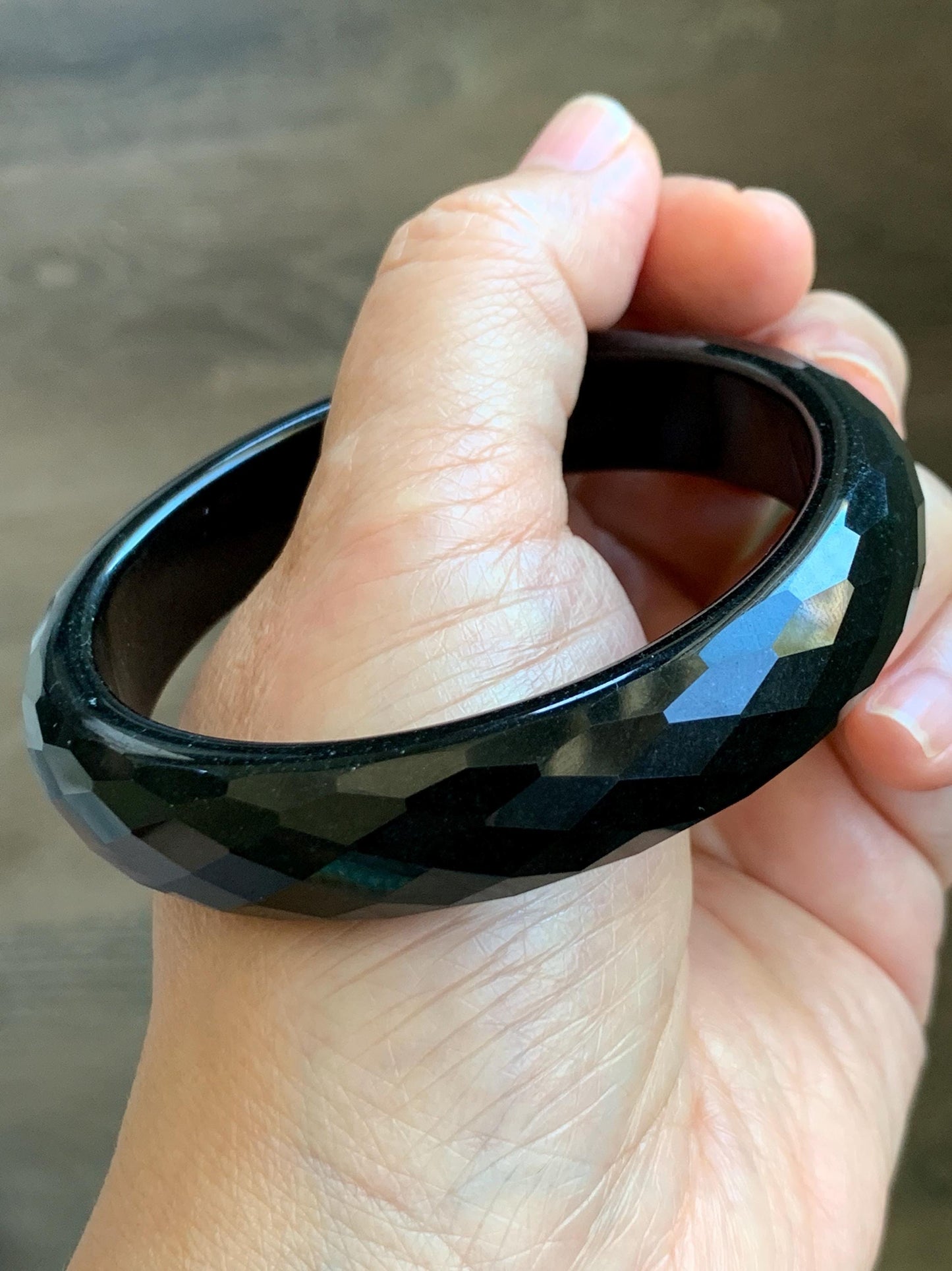 Certified Natural Grade A Opaque Black Jade Jadeite Diamond Faceted Wide Bangle 59.26mm 7.33” 61g 天然墨翠宽版切割面手镯 943