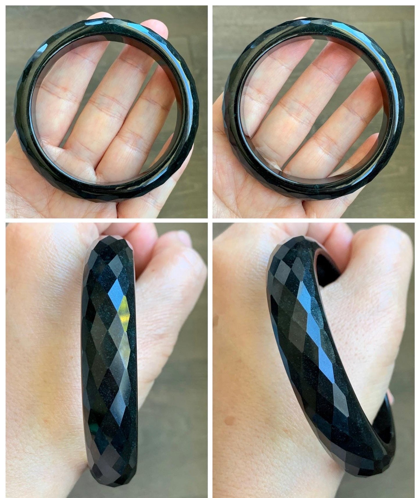 Certified Natural Grade A Opaque Black Jade Jadeite Diamond Faceted Wide Bangle 60.45mm 7.47” 67g 天然墨翠宽版切割面手镯 944