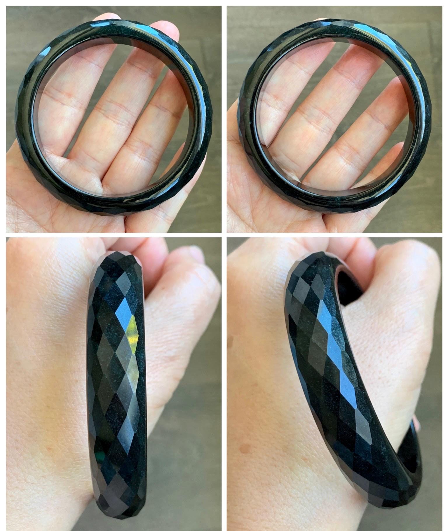 Certified Natural Grade A Opaque Black Jade Jadeite Diamond Faceted Wide Bangle 60.45mm 7.47” 67g 天然墨翠宽版切割面手镯 944