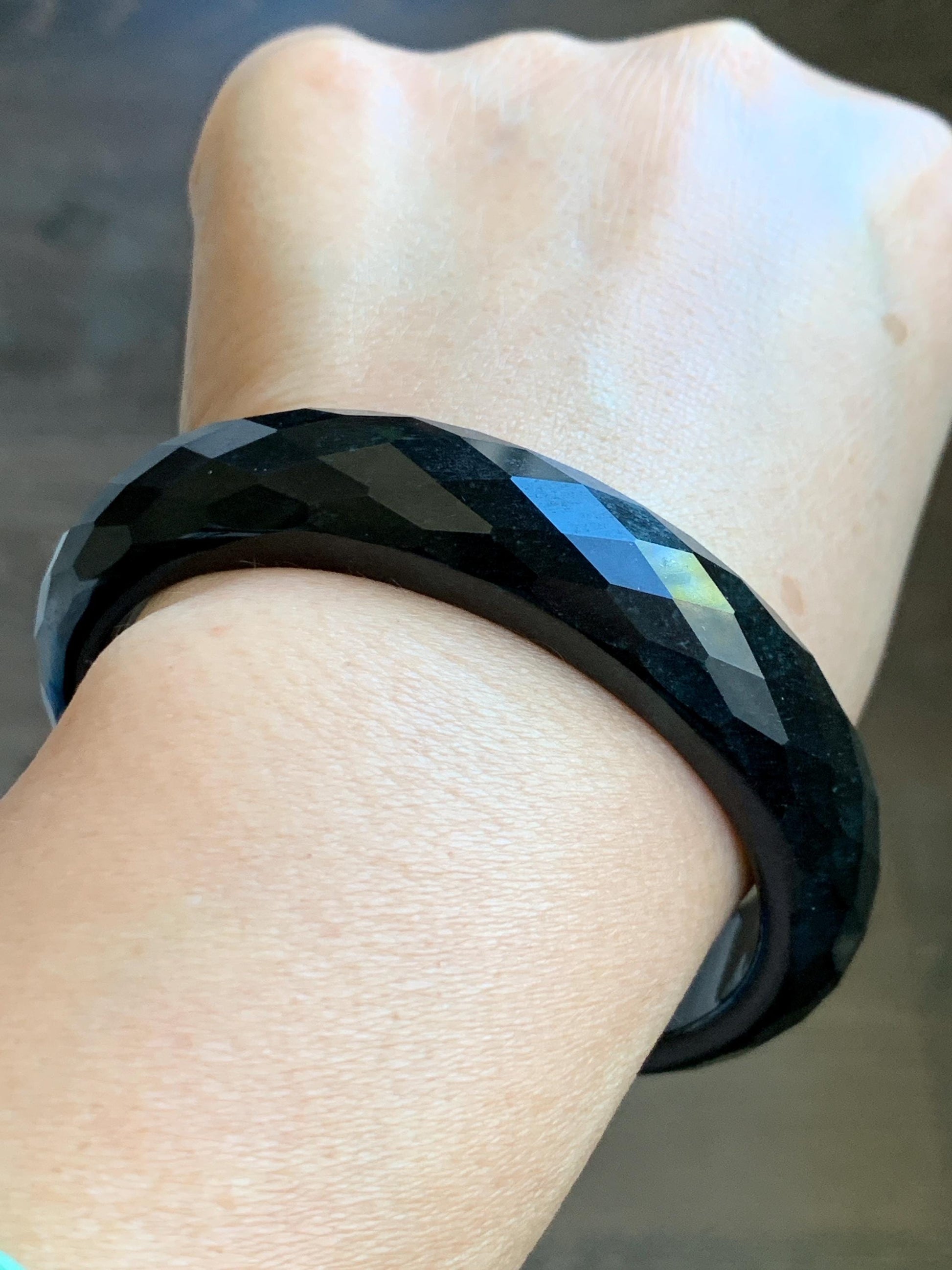 Certified Natural Grade A Opaque Black Jade Jadeite Diamond Faceted Wide Bangle 60.45mm 7.47” 67g 天然墨翠宽版切割面手镯 944