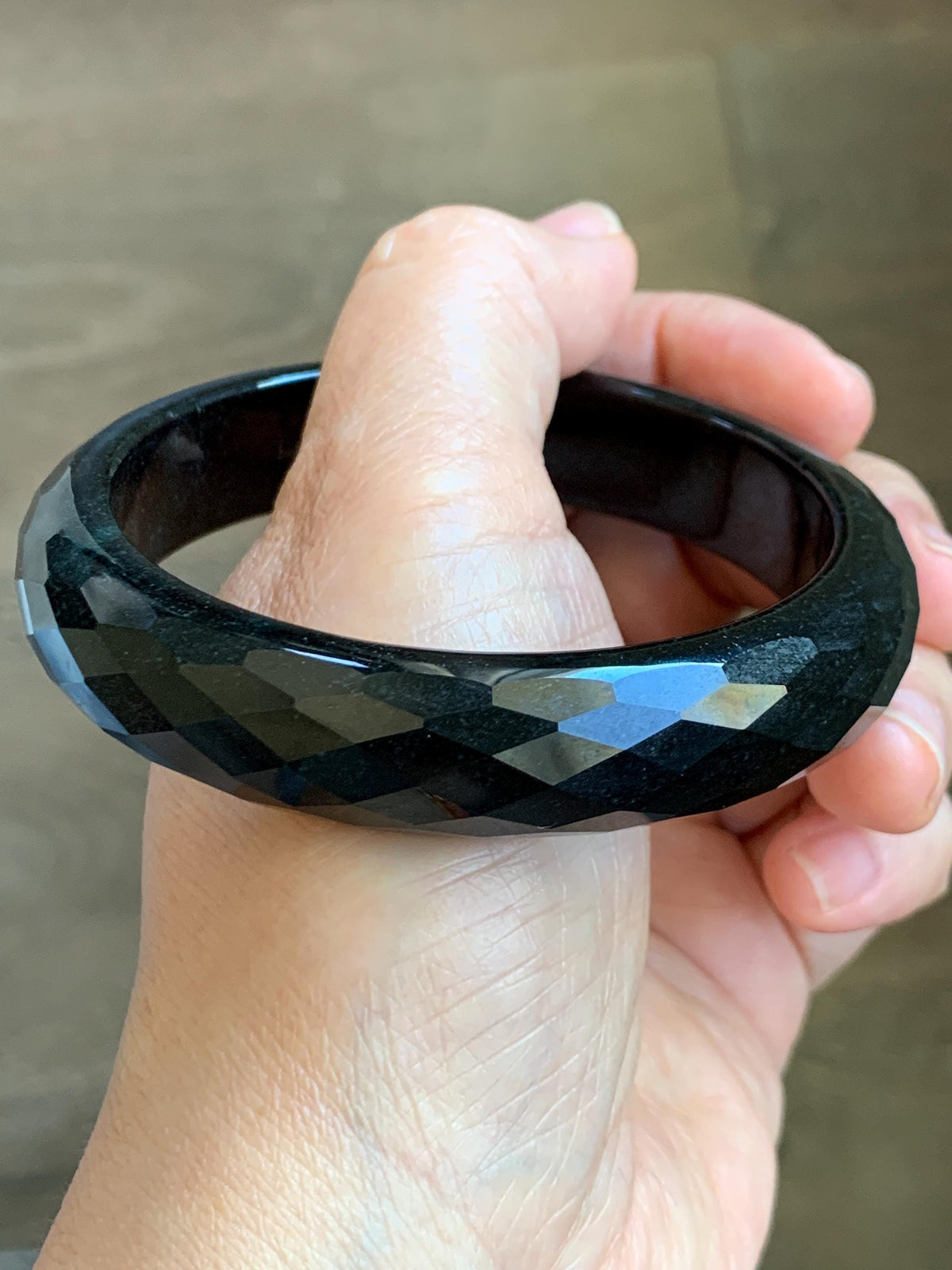 Certified Natural Grade A Opaque Black Jade Jadeite Diamond Faceted Wide Bangle 60.45mm 7.47” 67g 天然墨翠宽版切割面手镯 944