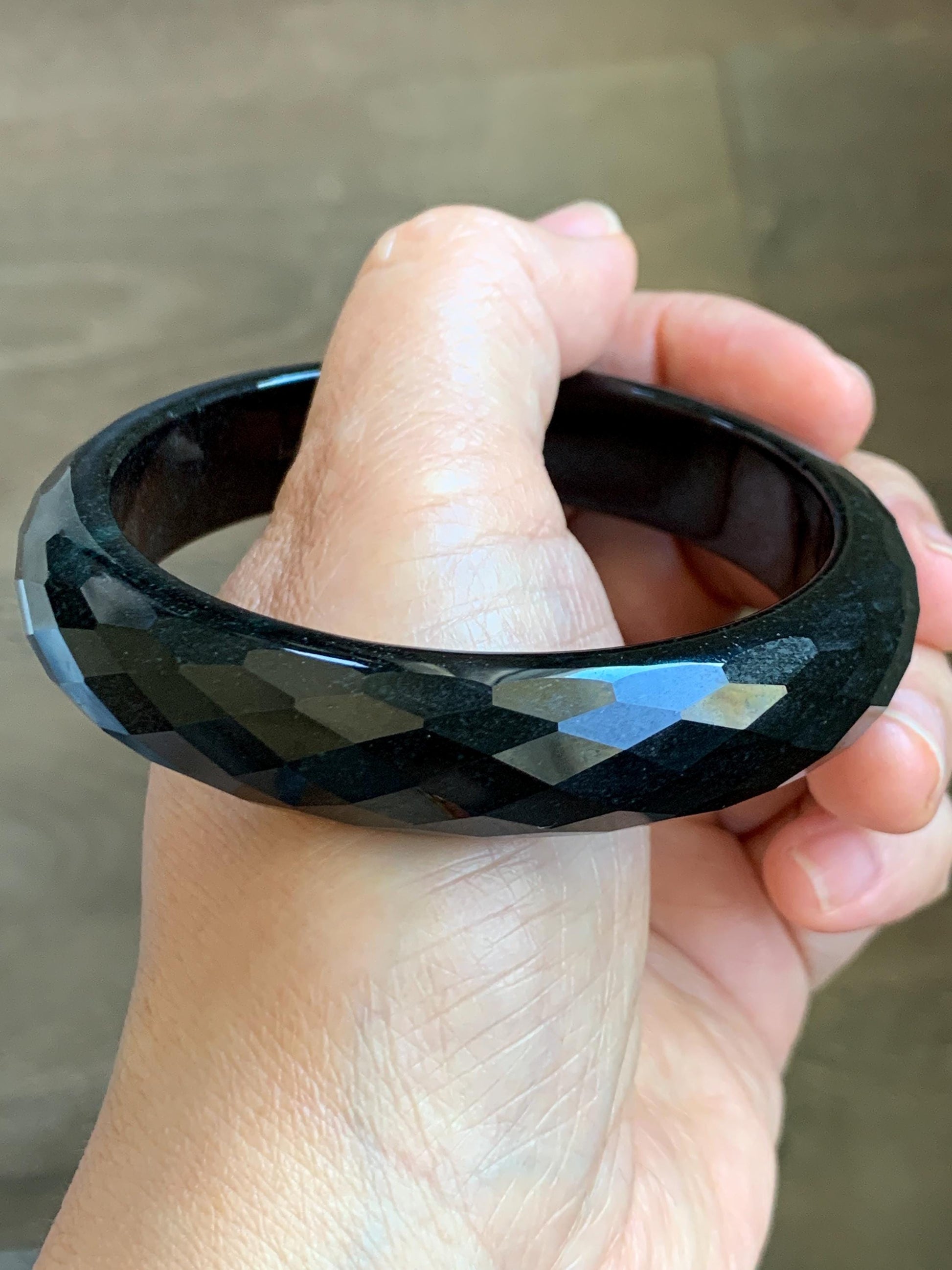 Certified Natural Grade A Opaque Black Jade Jadeite Diamond Faceted Wide Bangle 60.45mm 7.47” 67g 天然墨翠宽版切割面手镯 944