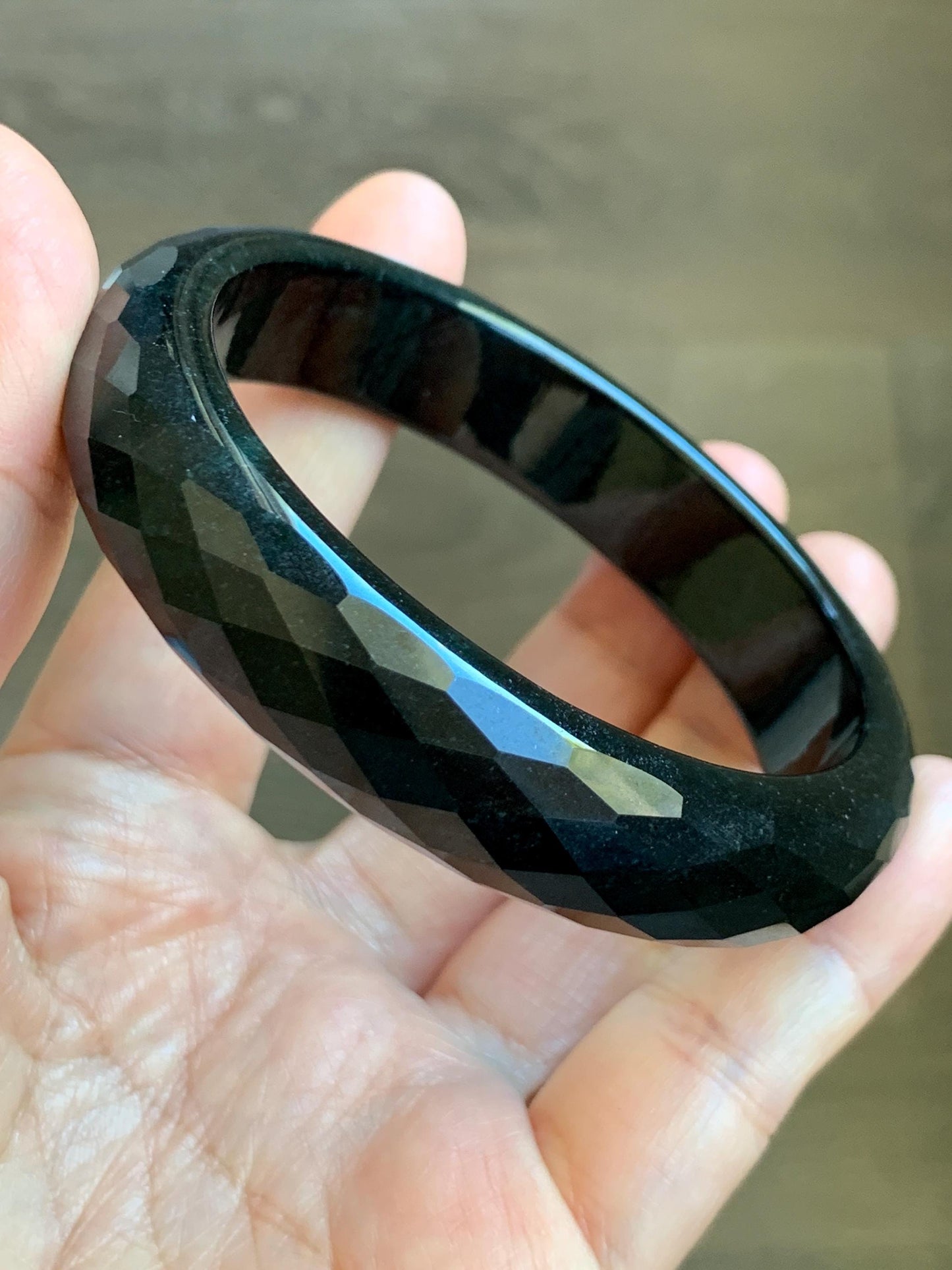 Certified Natural Grade A Opaque Black Jade Jadeite Diamond Faceted Wide Bangle 60.45mm 7.47” 67g 天然墨翠宽版切割面手镯 944