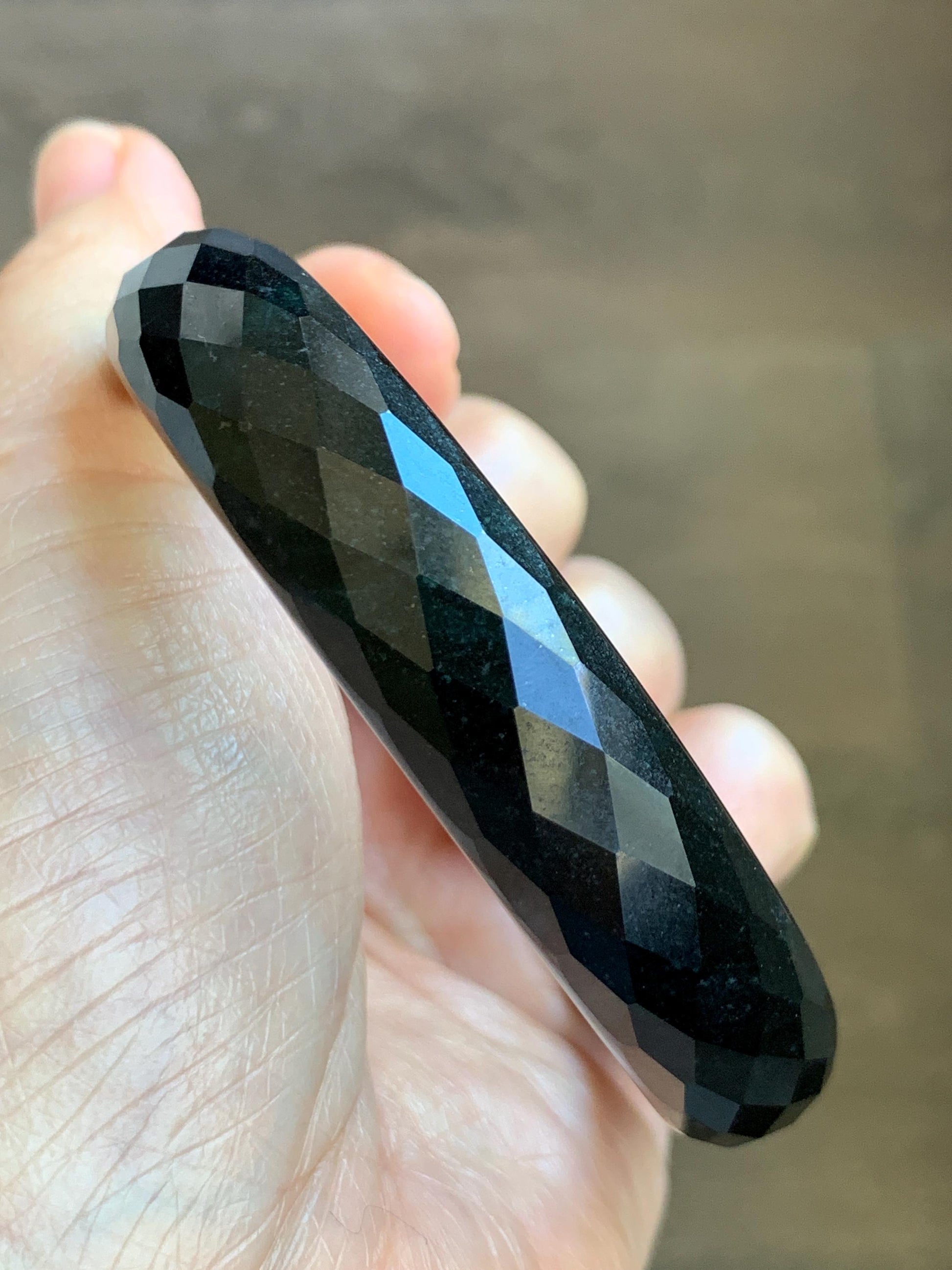 Certified Natural Grade A Opaque Black Jade Jadeite Diamond Faceted Wide Bangle 60.45mm 7.47” 67g 天然墨翠宽版切割面手镯 944