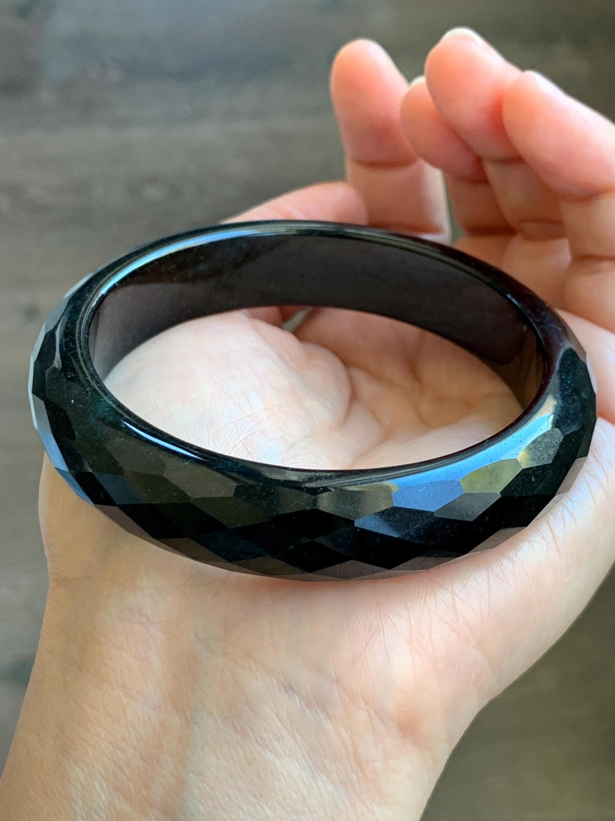 Certified Natural Grade A Opaque Black Jade Jadeite Diamond Faceted Wide Bangle 60.45mm 7.47” 67g 天然墨翠宽版切割面手镯 944