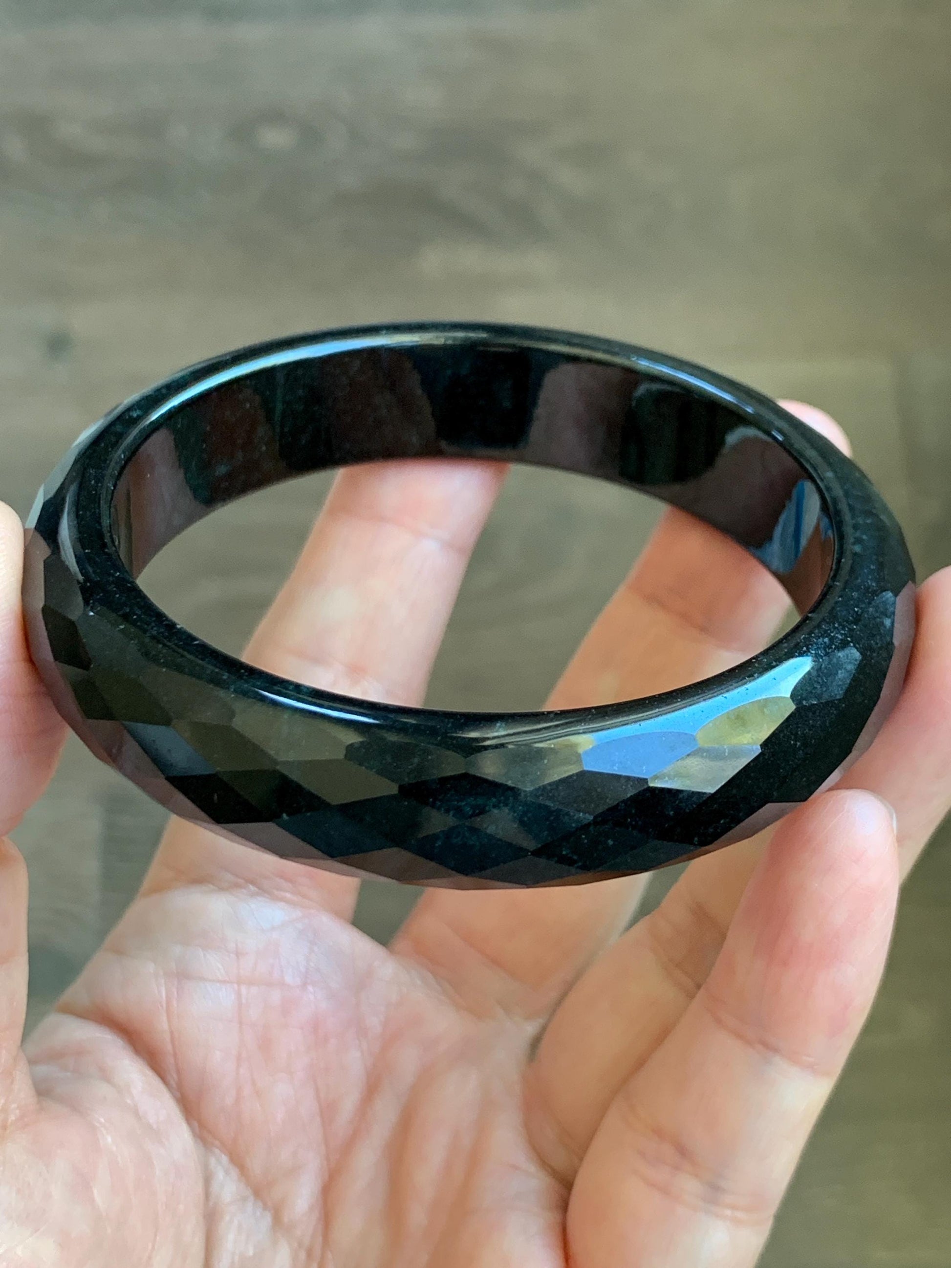Certified Natural Grade A Opaque Black Jade Jadeite Diamond Faceted Wide Bangle 60.45mm 7.47” 67g 天然墨翠宽版切割面手镯 944