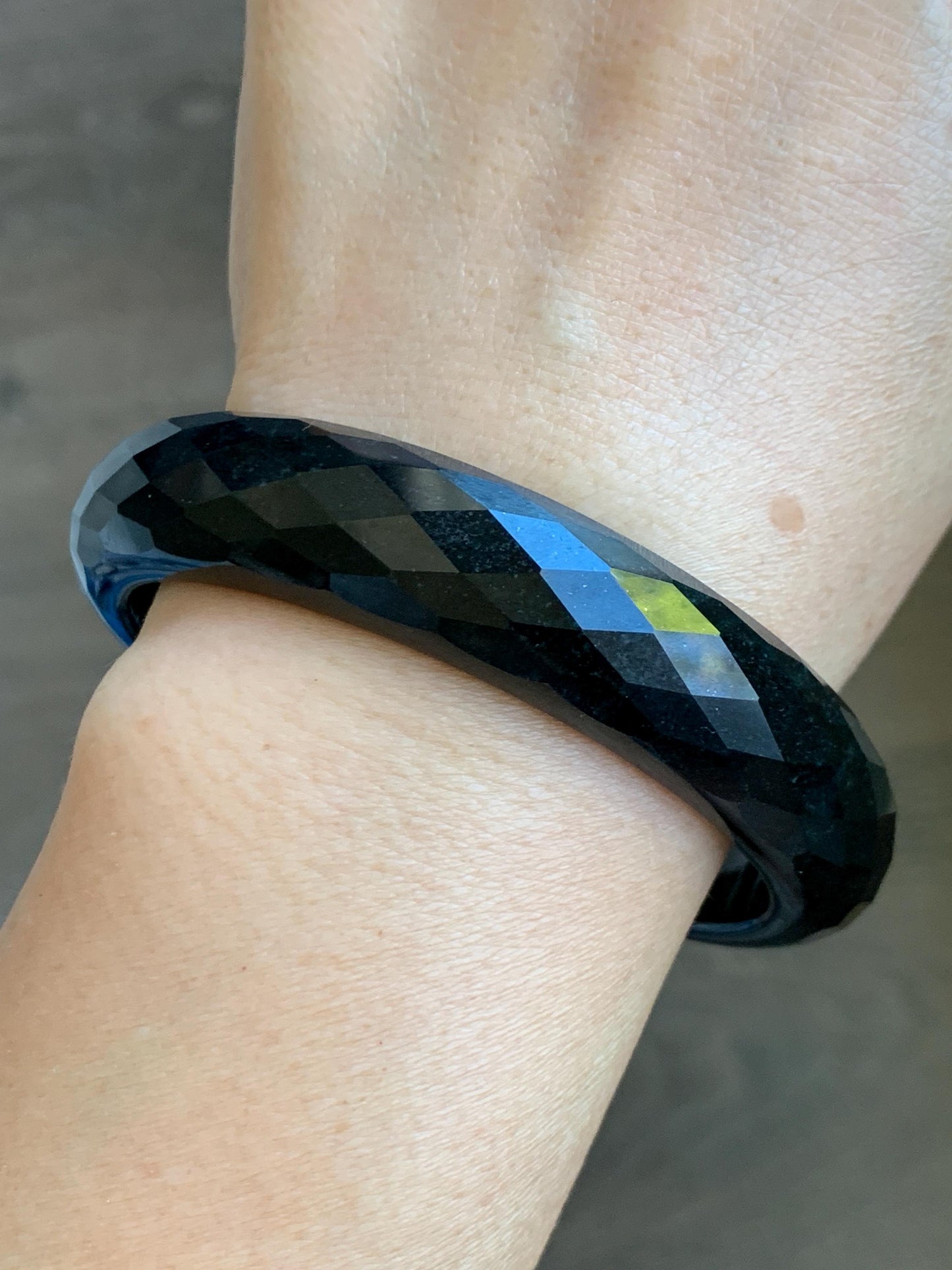 Certified Natural Grade A Opaque Black Jade Jadeite Diamond Faceted Wide Bangle 60.45mm 7.47” 67g 天然墨翠宽版切割面手镯 944
