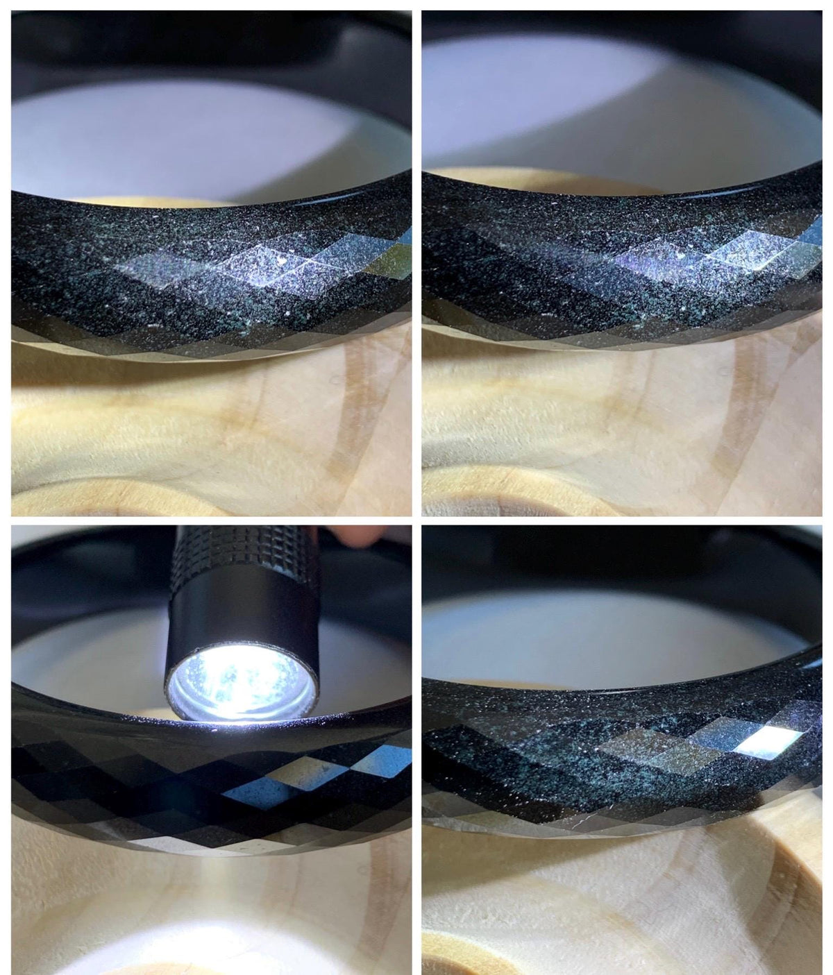 Certified Natural Grade A Opaque Black Jade Jadeite Diamond Faceted Wide Bangle 56.6mm 6.98” 51g 天然墨翠宽版切割面手镯 946