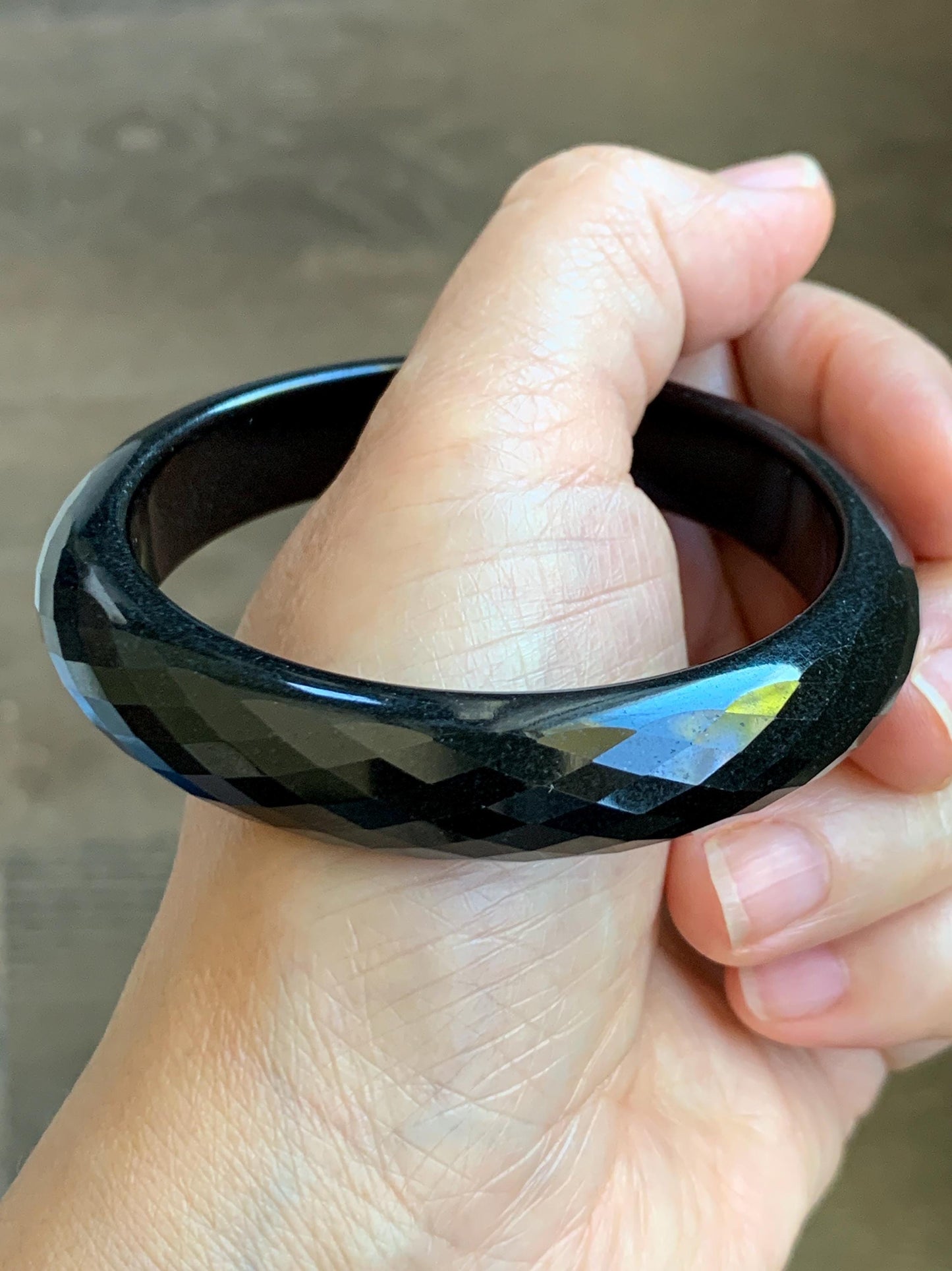 Certified Natural Grade A Opaque Black Jade Jadeite Diamond Faceted Wide Bangle 56.6mm 6.98” 51g 天然墨翠宽版切割面手镯 946
