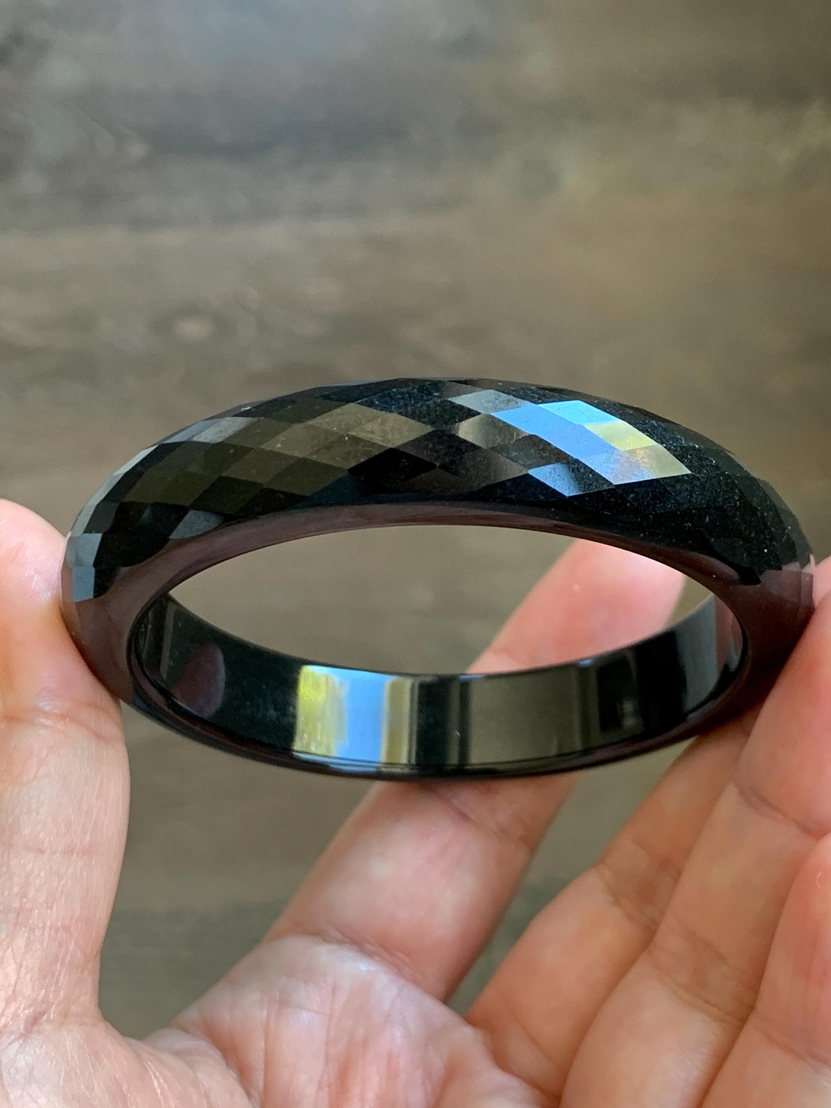 Certified Natural Grade A Opaque Black Jade Jadeite Diamond Faceted Wide Bangle 56.6mm 6.98” 51g 天然墨翠宽版切割面手镯 946