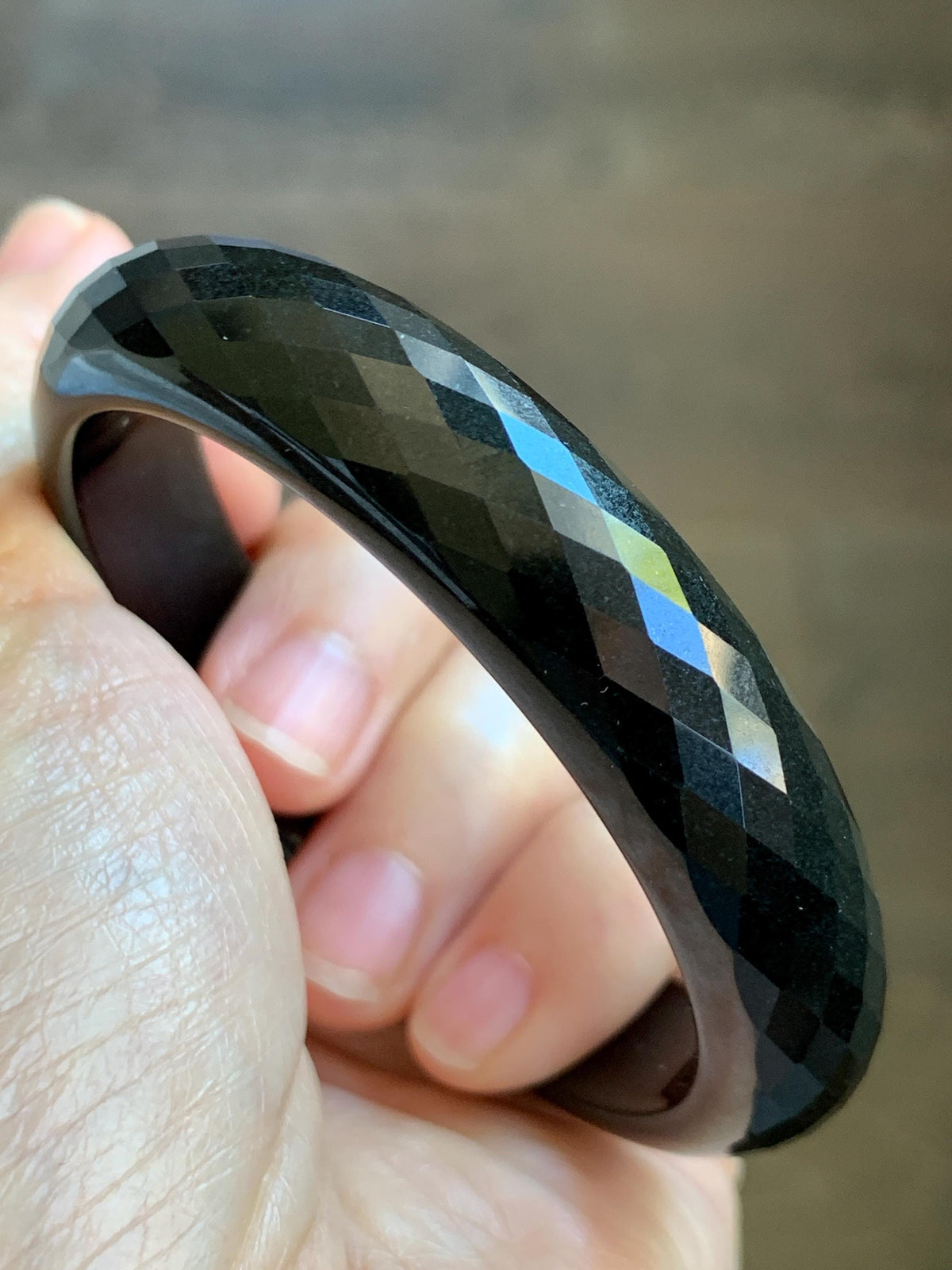 Certified Natural Grade A Opaque Black Jade Jadeite Diamond Faceted Wide Bangle 56.6mm 6.98” 51g 天然墨翠宽版切割面手镯 946