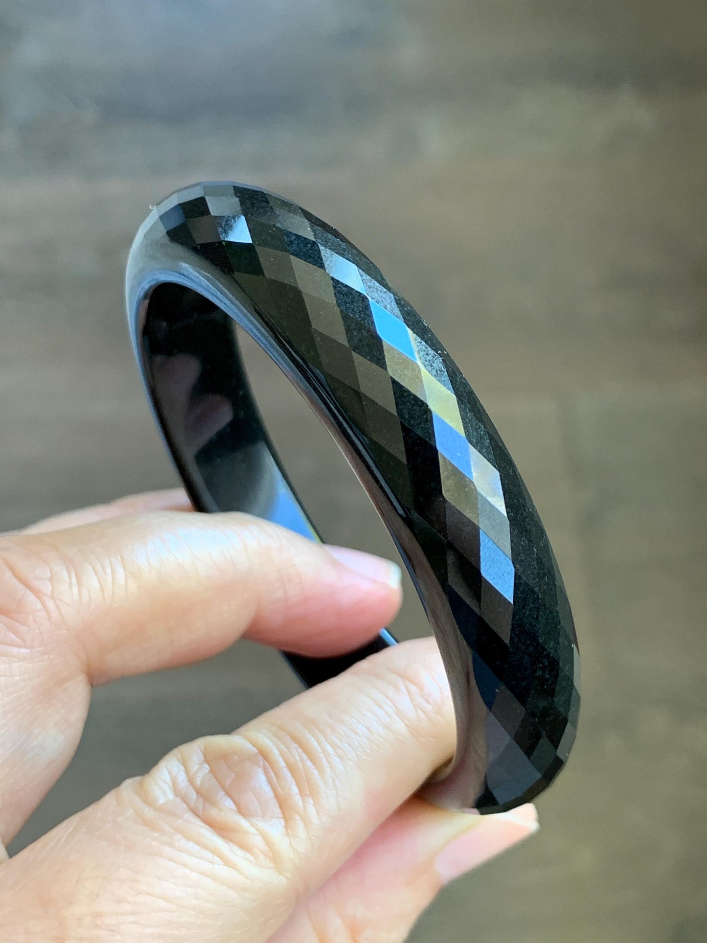 Certified Natural Grade A Opaque Black Jade Jadeite Diamond Faceted Wide Bangle 56.6mm 6.98” 51g 天然墨翠宽版切割面手镯 946