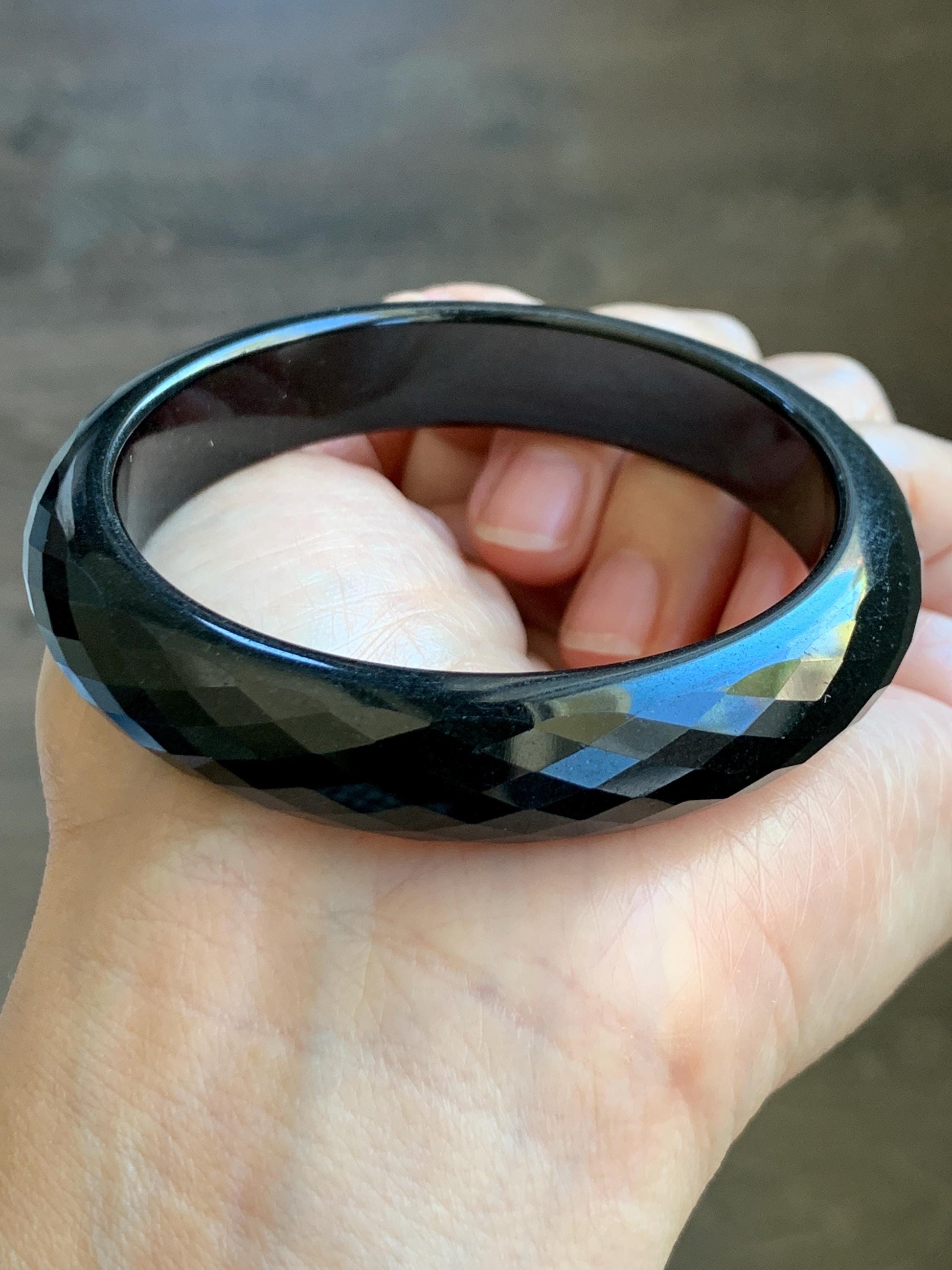 Certified Natural Grade A Opaque Black Jade Jadeite Diamond Faceted Wide Bangle 56.6mm 6.98” 51g 天然墨翠宽版切割面手镯 946