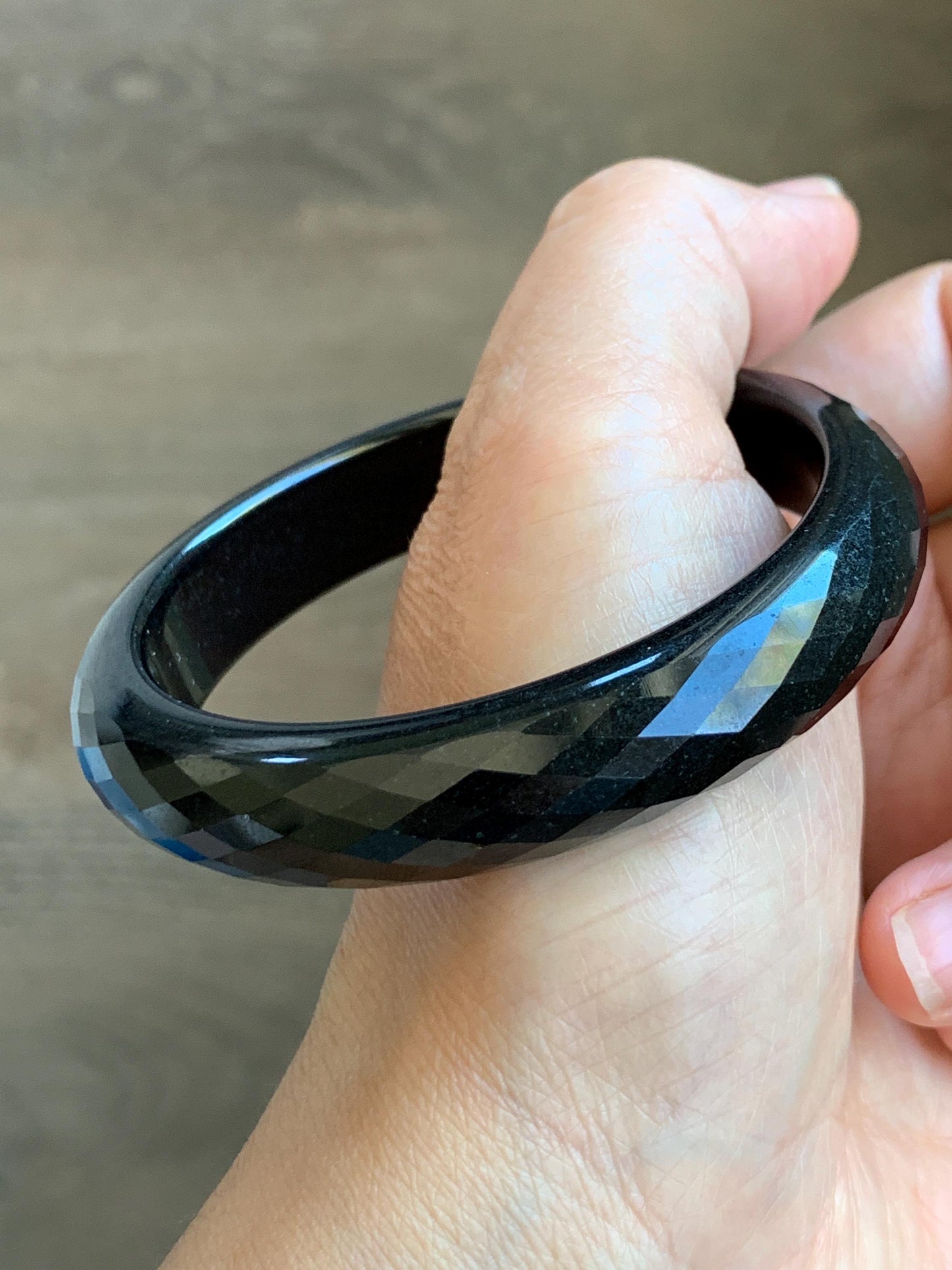 Certified Natural Grade A Opaque Black Jade Jadeite Diamond Faceted Wide Bangle 56.6mm 6.98” 51g 天然墨翠宽版切割面手镯 946