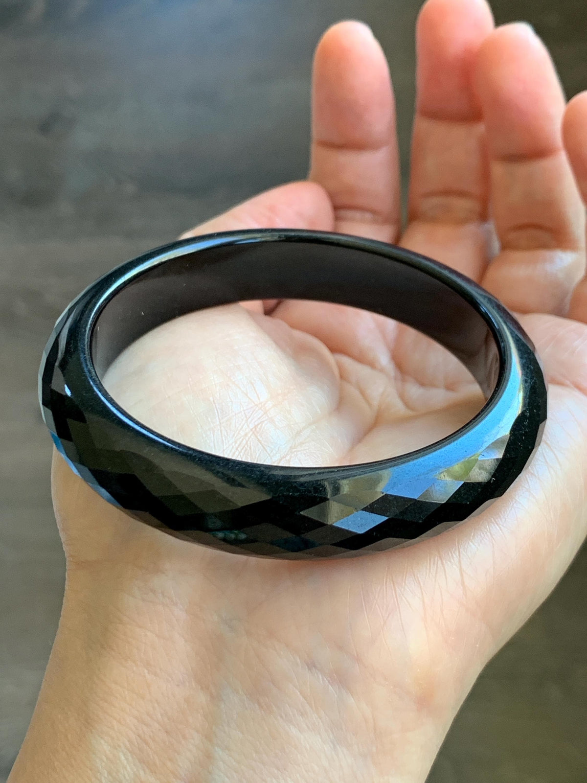 Certified Natural Grade A Opaque Black Jade Jadeite Diamond Faceted Wide Bangle 56.6mm 6.98” 51g 天然墨翠宽版切割面手镯 946