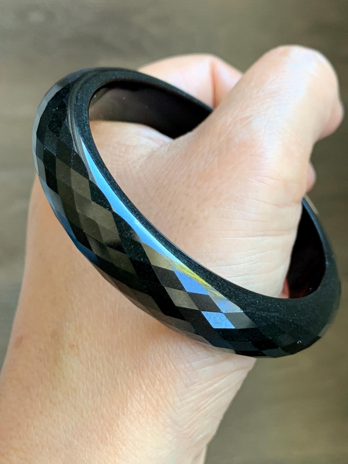 Certified Natural Grade A Opaque Black Jade Jadeite Diamond Faceted Wide Bangle 56.6mm 6.98” 51g 天然墨翠宽版切割面手镯 946