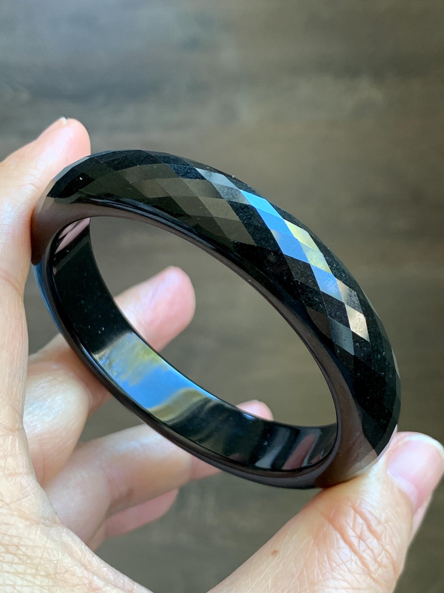 Certified Natural Grade A Opaque Black Jade Jadeite Diamond Faceted Wide Bangle 56.6mm 6.98” 51g 天然墨翠宽版切割面手镯 946