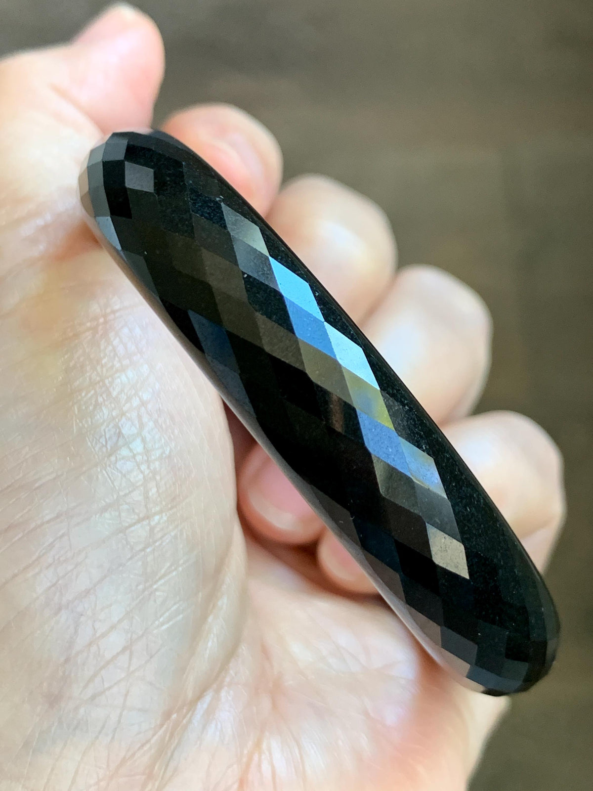 Certified Natural Grade A Opaque Black Jade Jadeite Diamond Faceted Wide Bangle 56.6mm 6.98” 51g 天然墨翠宽版切割面手镯 946