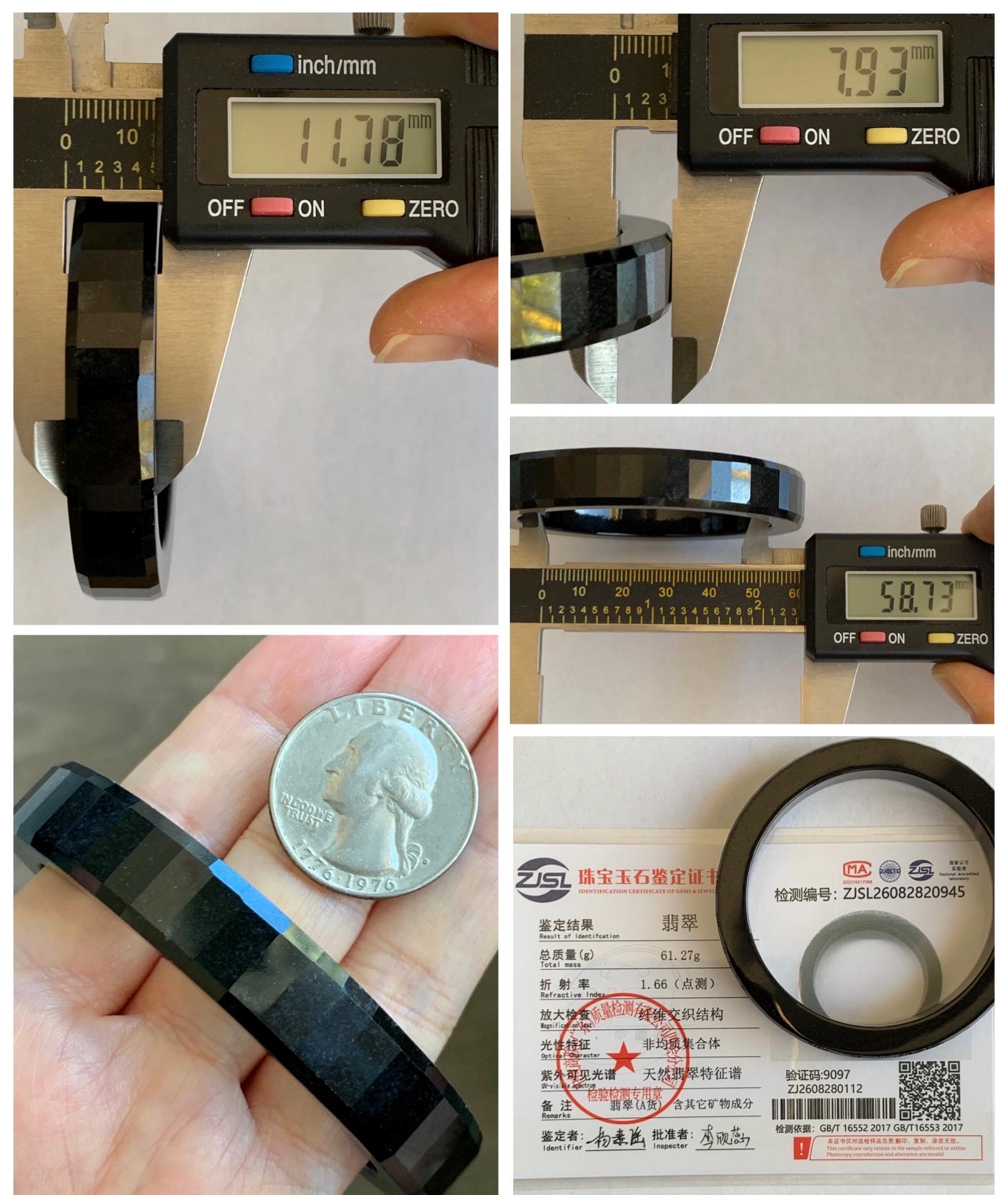 Certified Natural Grade A Opaque Black Jade Jadeite Faceted Wide Square-edged Bangle 58.73mm 7.26” 61.27g 天然墨翠宽版切割面手镯 945