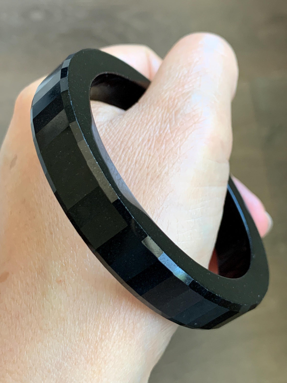Certified Natural Grade A Opaque Black Jade Jadeite Faceted Wide Square-edged Bangle 58.73mm 7.26” 61.27g 天然墨翠宽版切割面手镯 945