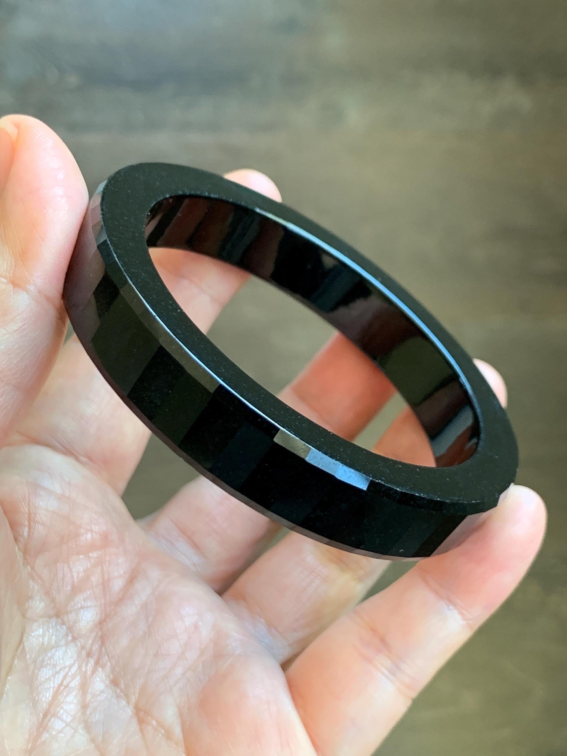 Certified Natural Grade A Opaque Black Jade Jadeite Faceted Wide Square-edged Bangle 58.73mm 7.26” 61.27g 天然墨翠宽版切割面手镯 945