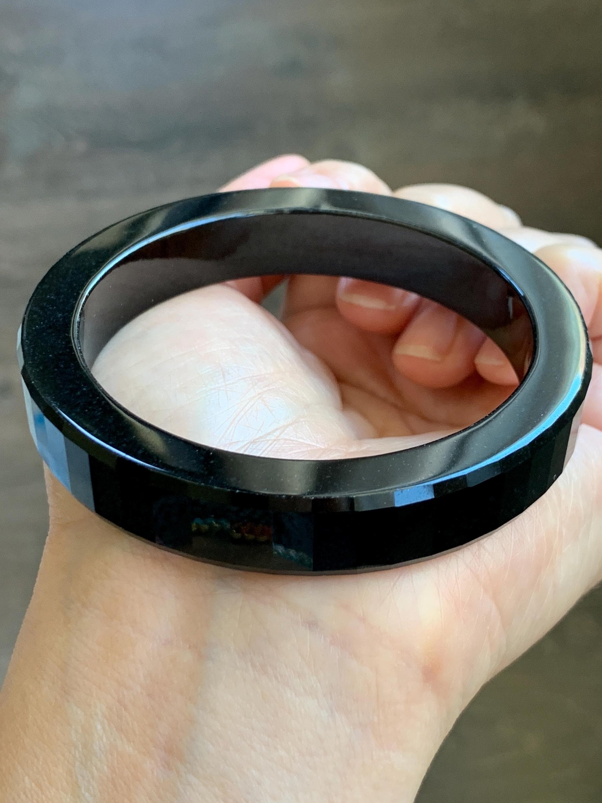 Certified Natural Grade A Opaque Black Jade Jadeite Faceted Wide Square-edged Bangle 58.73mm 7.26” 61.27g 天然墨翠宽版切割面手镯 945