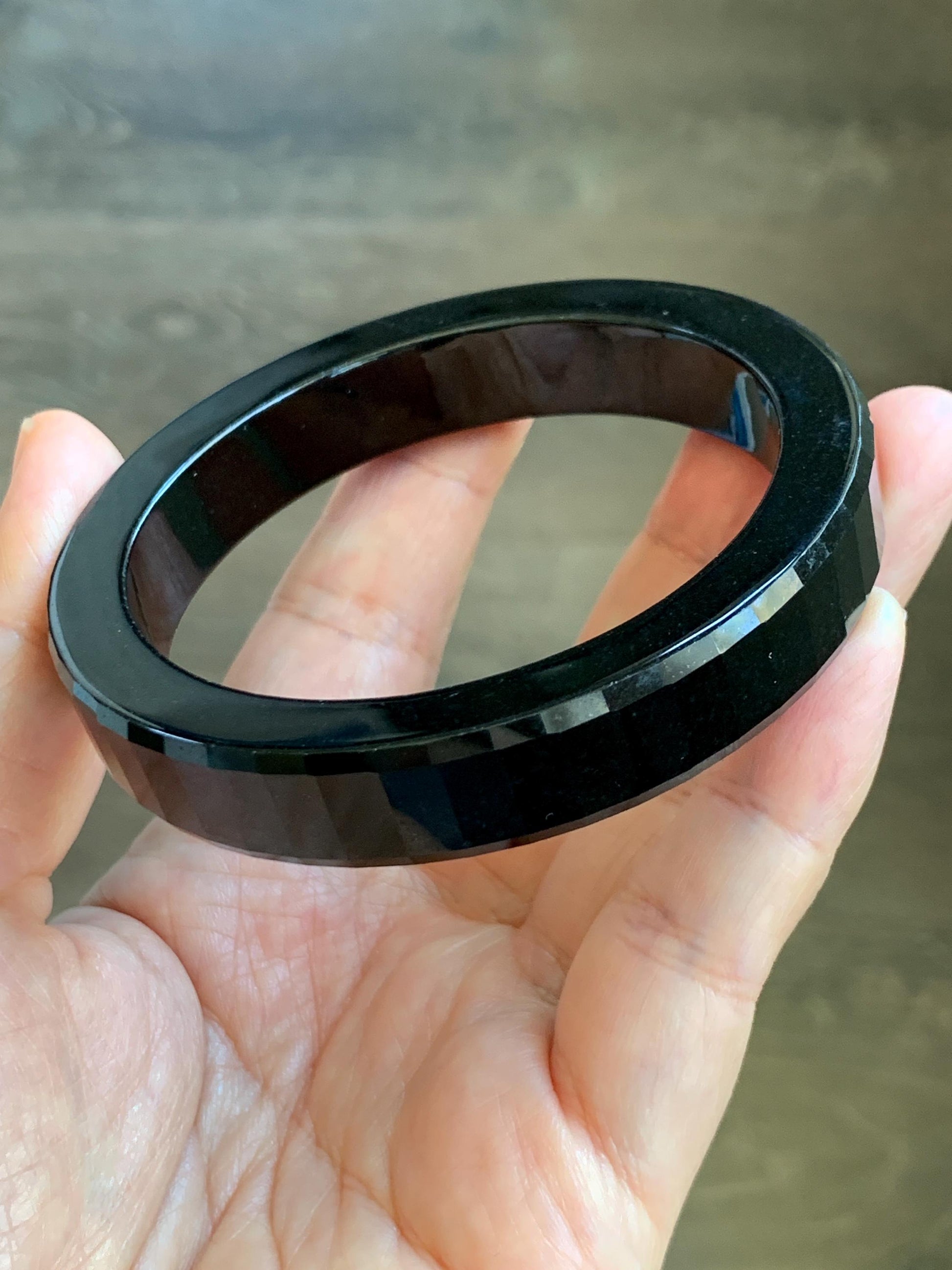 Certified Natural Grade A Opaque Black Jade Jadeite Faceted Wide Square-edged Bangle 58.73mm 7.26” 61.27g 天然墨翠宽版切割面手镯 945