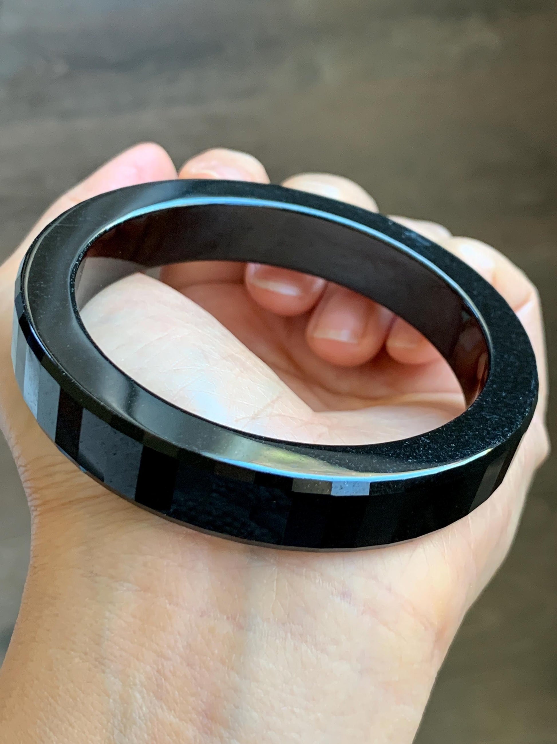 Certified Natural Grade A Opaque Black Jade Jadeite Faceted Wide Square-edged Bangle 58.73mm 7.26” 61.27g 天然墨翠宽版切割面手镯 945